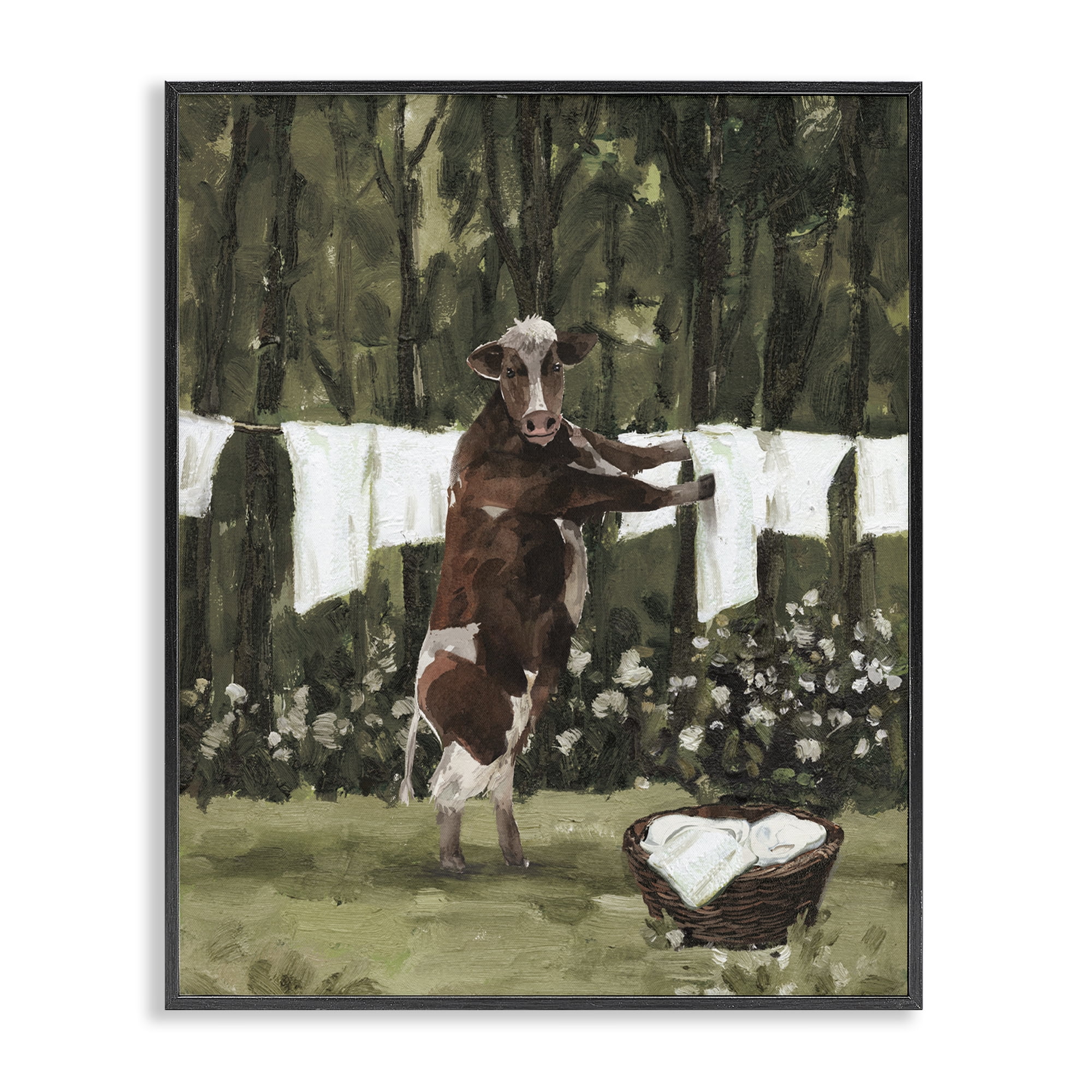 Stupell Industries Brown Cow Doing Laundry Bath & Laundry Painting Black Framed Art Print Wall Art, 16 x 20