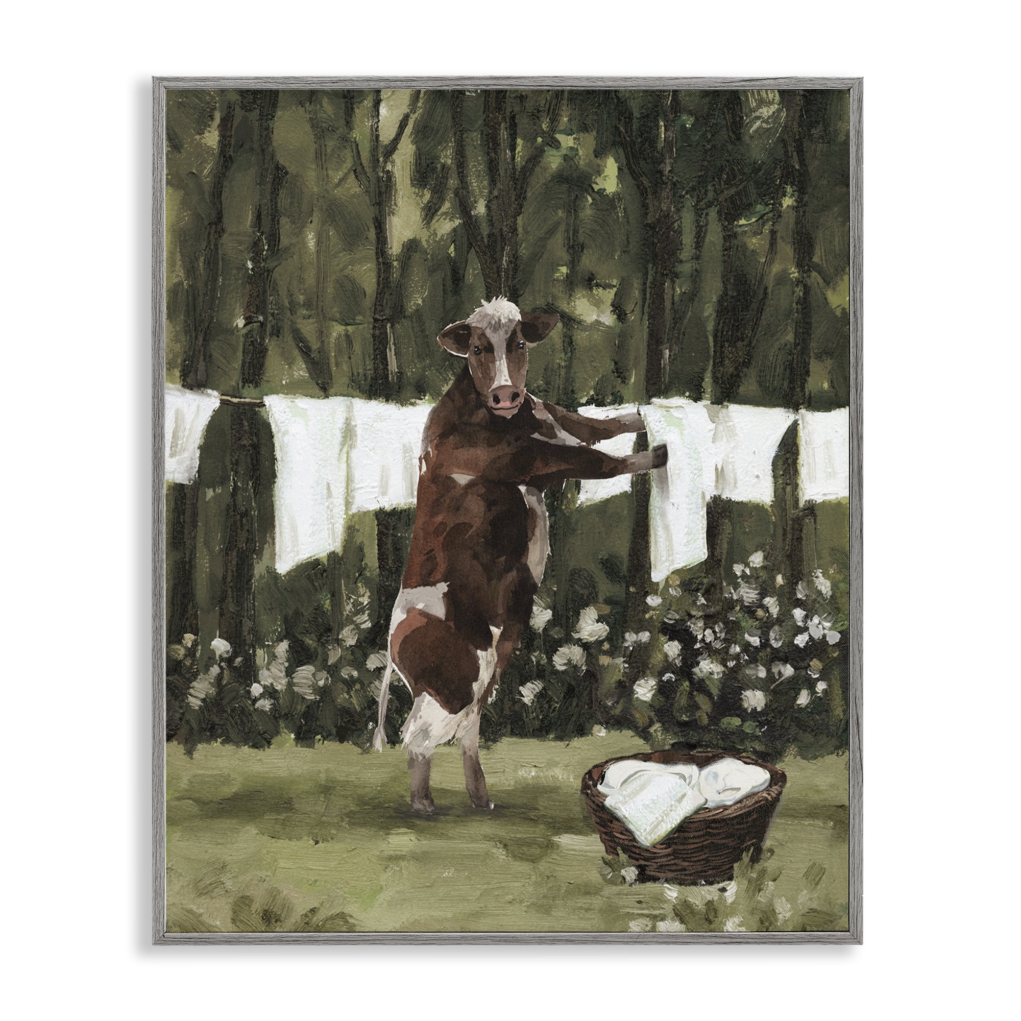 Stupell Industries Brown Cow Doing Laundry Bath & Laundry Painting Gray Framed Art Print Wall Art, 11 x 14