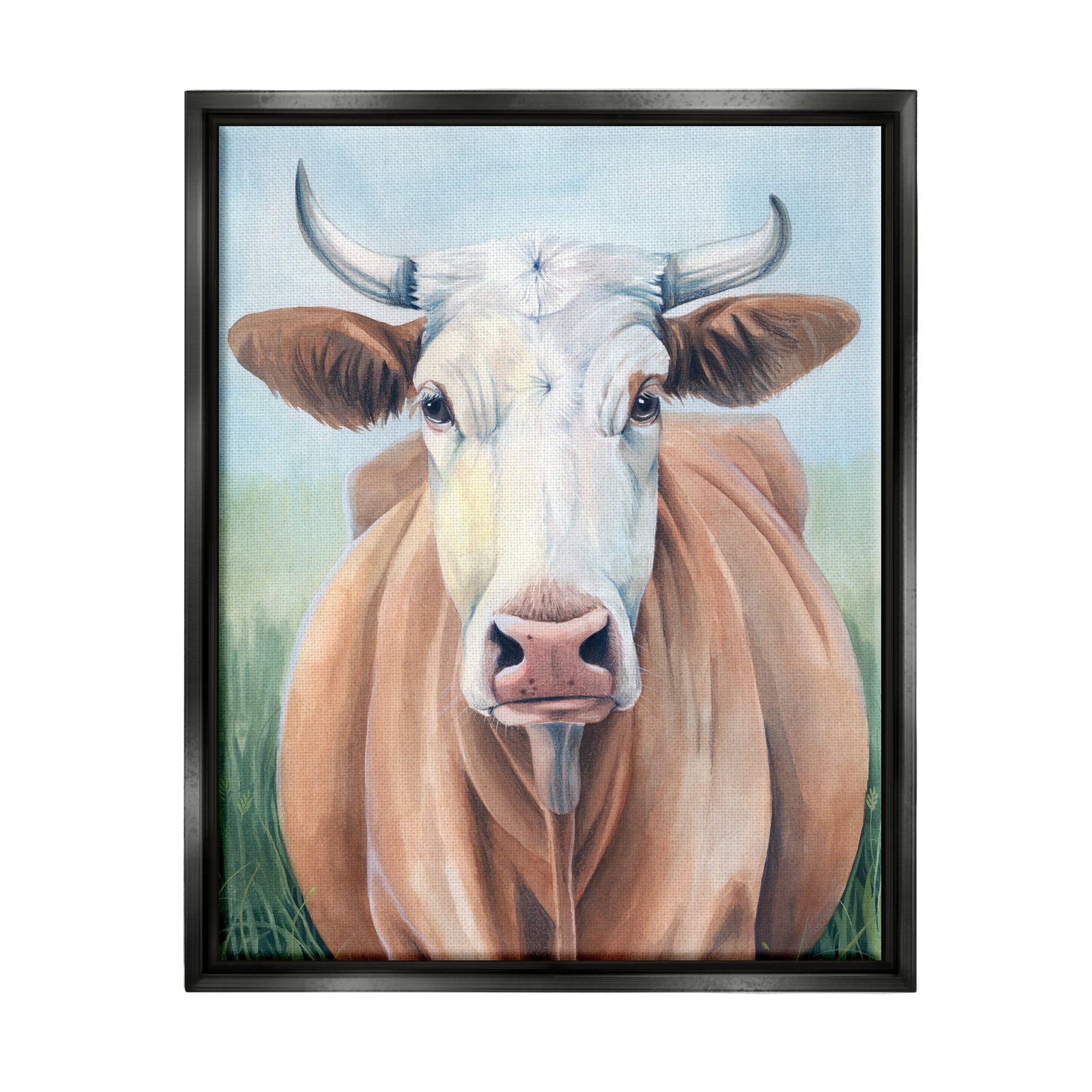 Stupell Industries Brown Cow Gazing Portrait Animals & Insects Painting Black Floater Framed Canvas Art Print Wall Art, 17 x 21