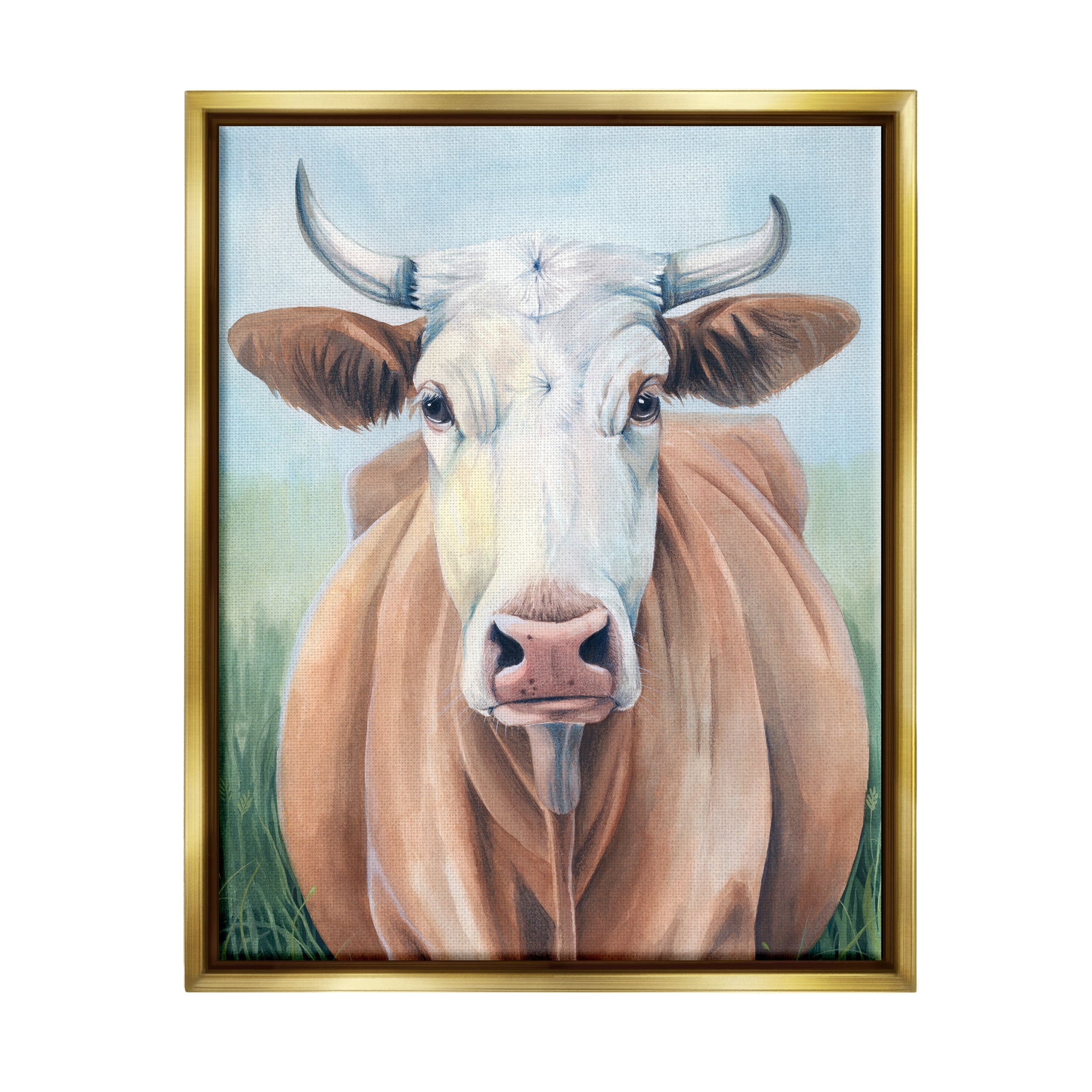 Stupell Industries Brown Cow Gazing Portrait Animals & Insects Painting Gold Floater Framed Canvas Art Print Wall Art, 17 x 21