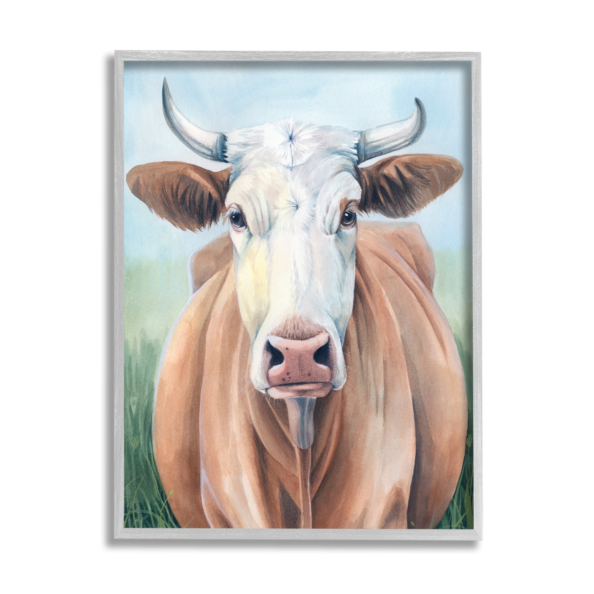 Stupell Industries Brown Cow Gazing Portrait Animals & Insects Painting Gray Framed Art Print Wall Art, 11 x 14