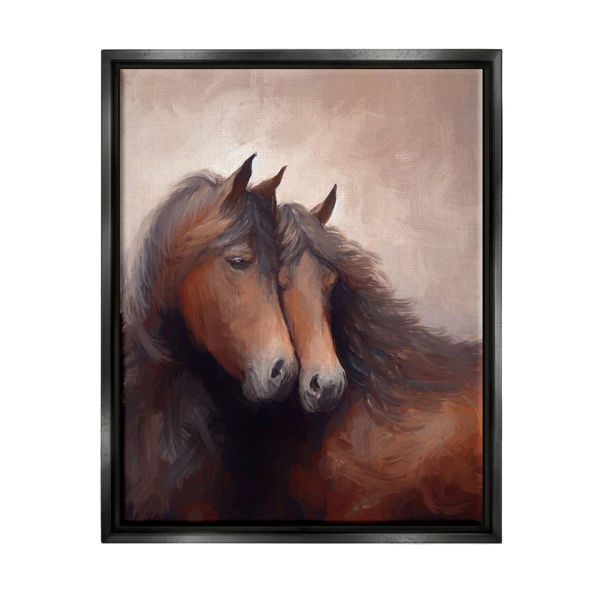Stupell Industries Brown Cuddling Stallions Animals & Insects Painting Black Floater Framed Canvas Art Print Wall Art, 25 x 31