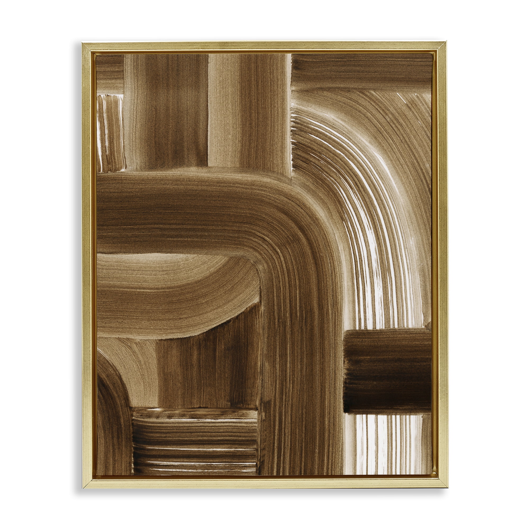 Stupell Industries Brown Curved Paint Strokes Abstract Painting Gold Floater Framed Canvas Art Print Wall Art, 17 x 21