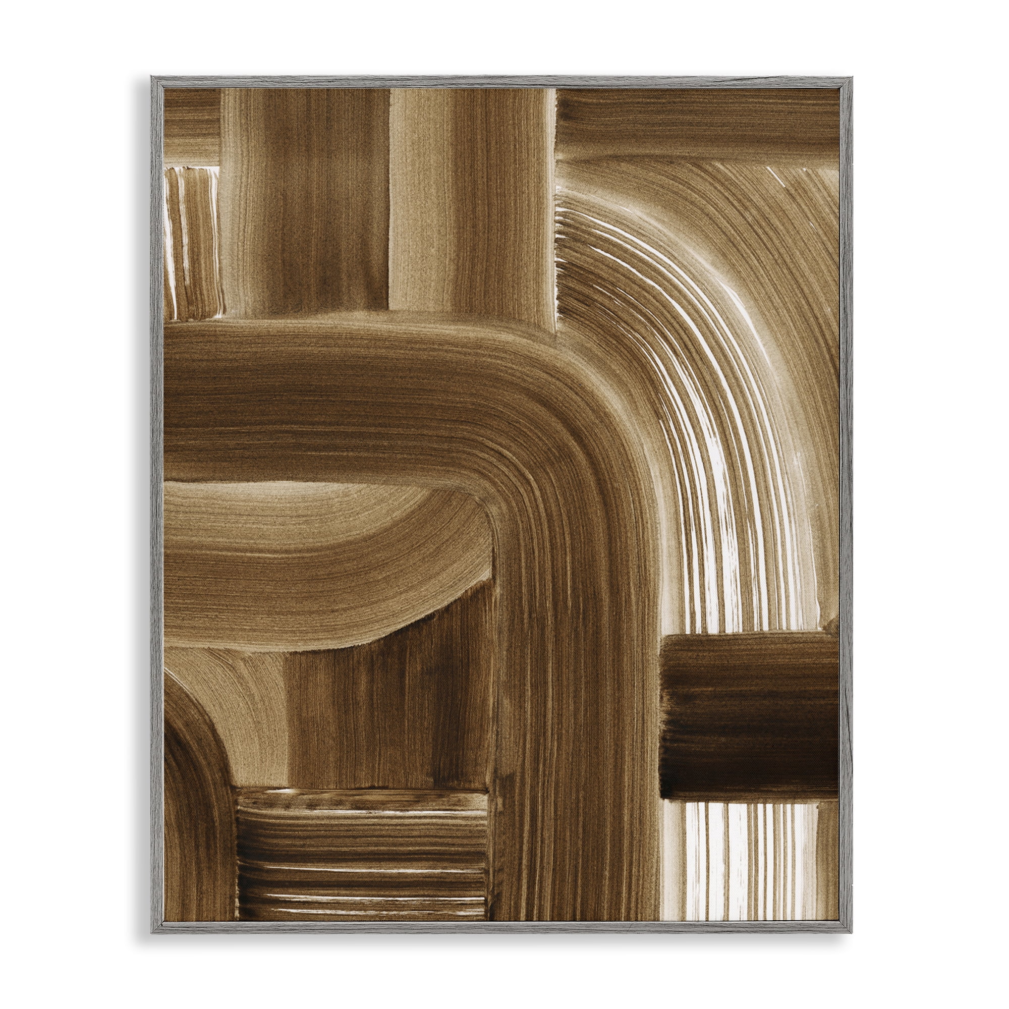 Stupell Industries Brown Curved Paint Strokes Abstract Painting Gray Framed Art Print Wall Art, 11 x 14