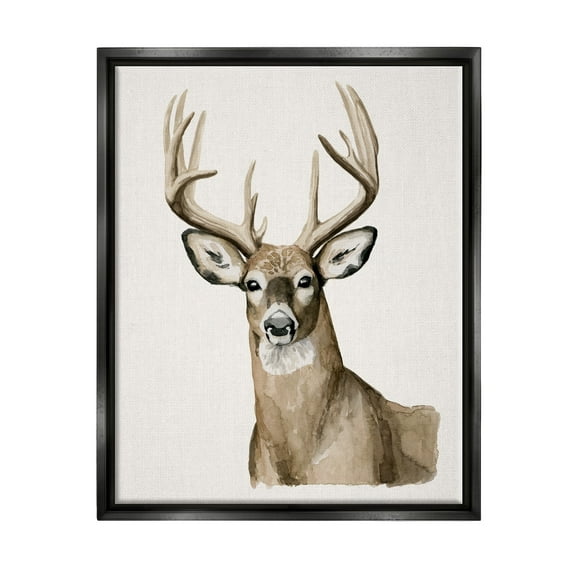 Stupell Industries Brown Deer Gazing Antlers Watercolor Style Portrait Painting Jet Black Floating Framed Canvas Print Wall Art, Design by Grace Popp