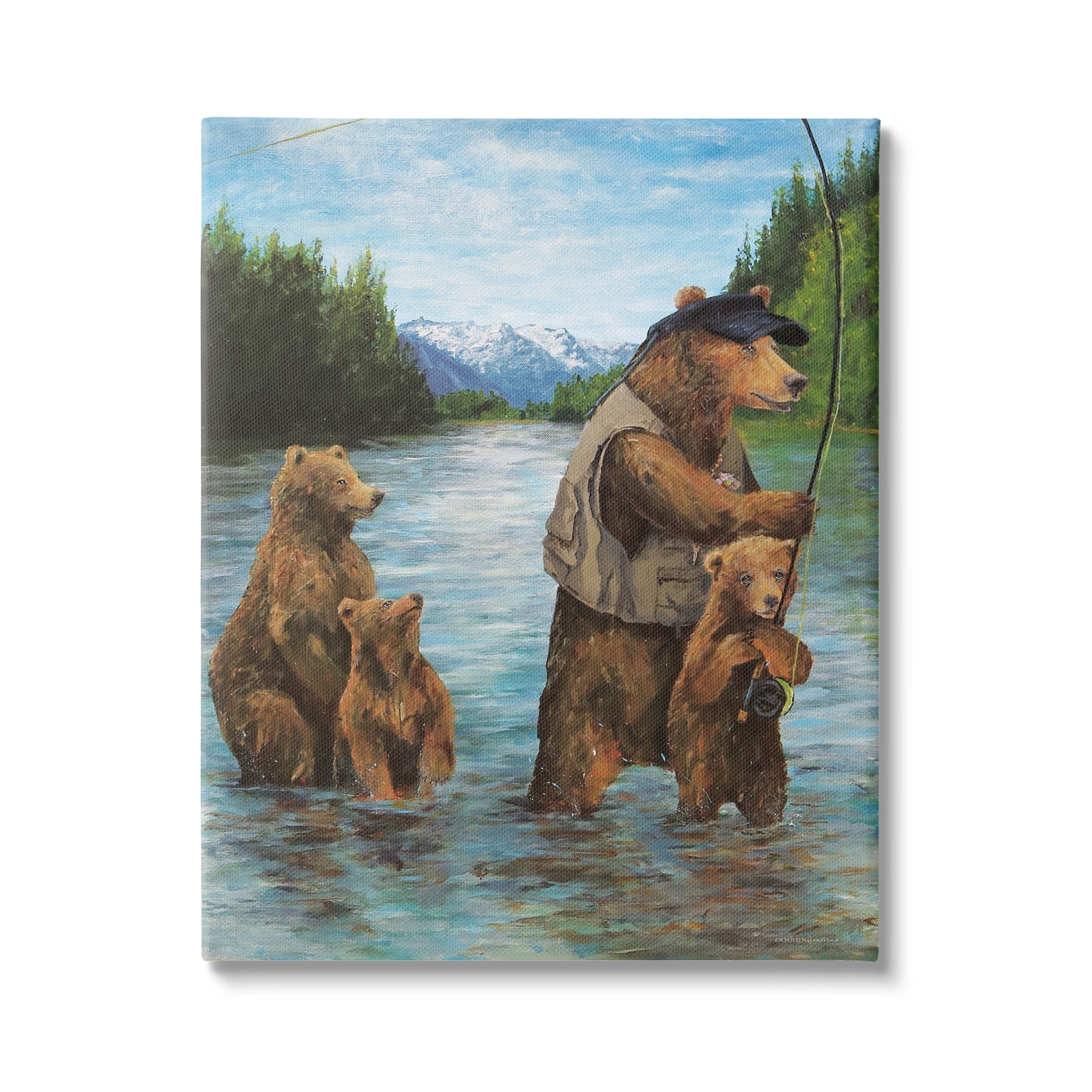 Brown Grizzly Bear Family Fishing Landscape Canvas Wall Art, 16 x 20
