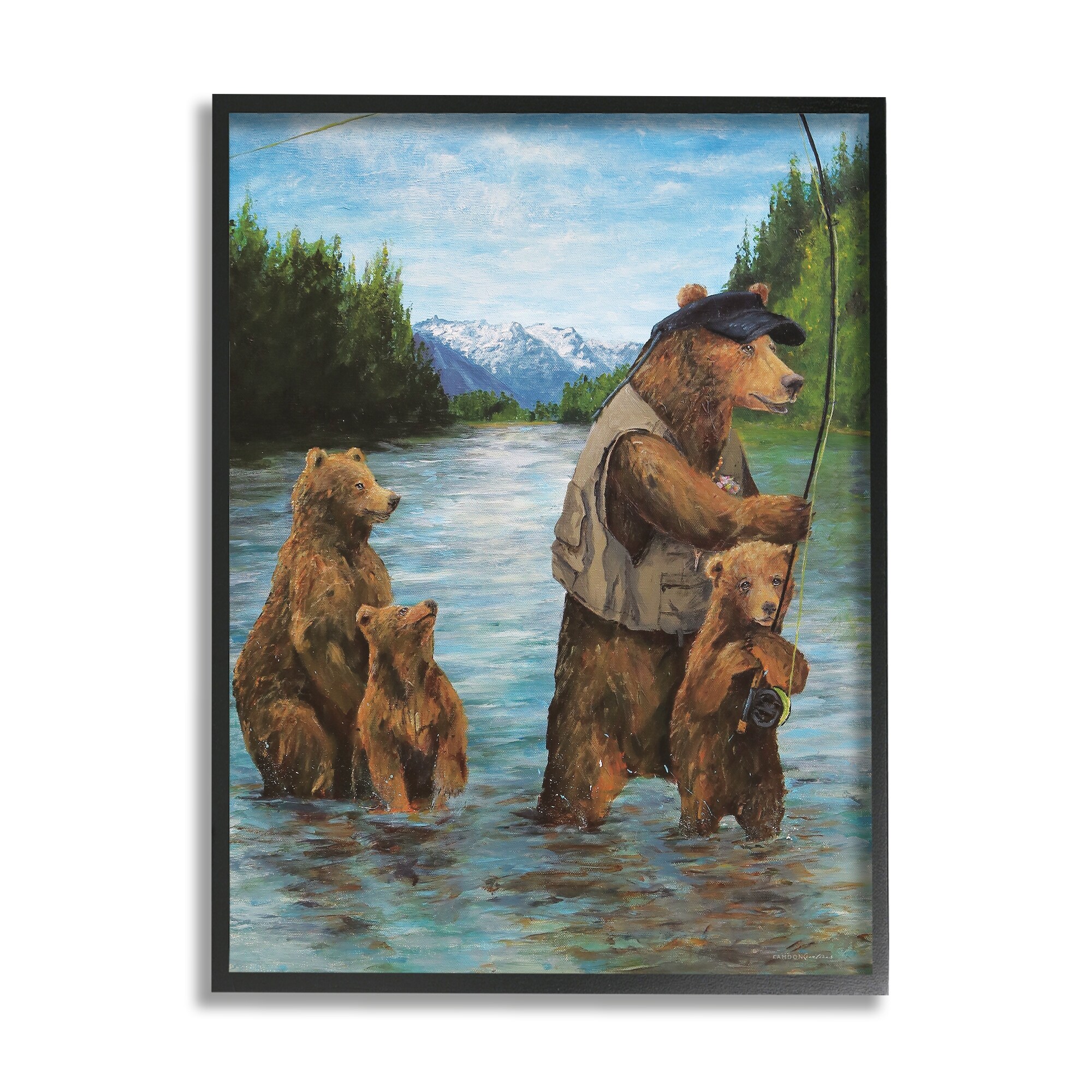 Stupell Industries Brown Grizzly Bear Family Fishing Mountain Lake Landscape Paintings Black Framed Art Print Wall Art, 24x30, by Kamdon Kreations