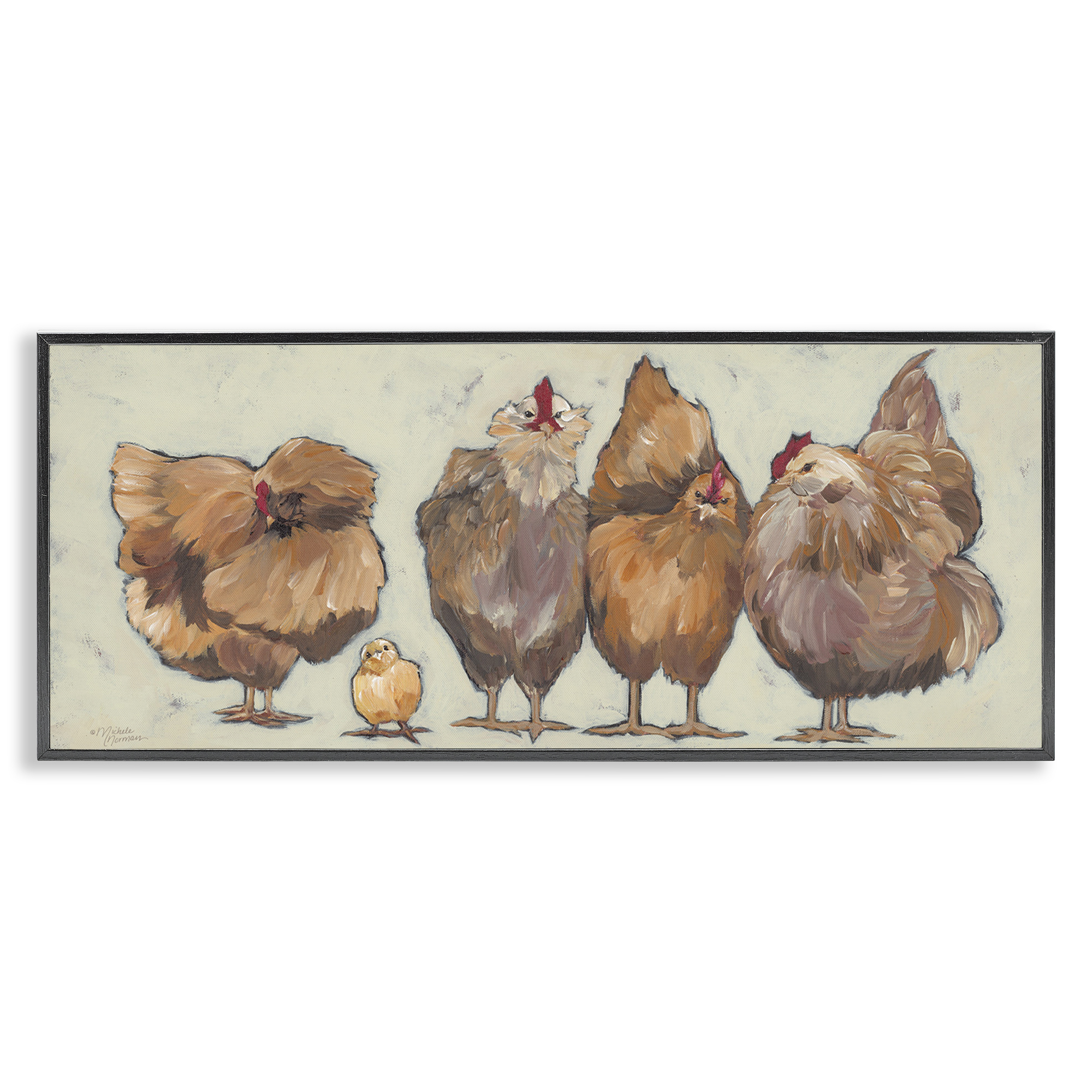Stupell Industries Brown Hens and Chick Animals & Insects Painting Black Framed Art Print Wall Art, 30 x 13