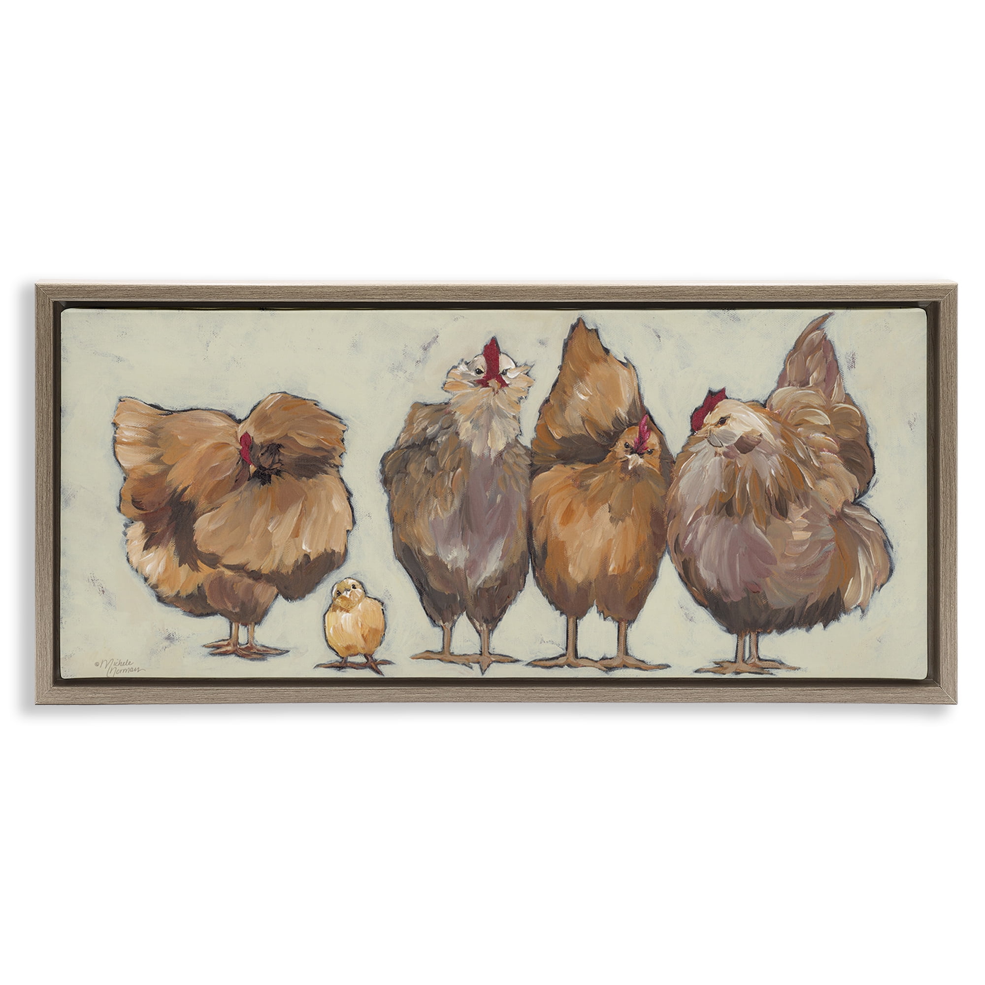 Stupell Industries Brown Hens and Chick Animals & Insects Painting Brown Floater Framed Canvas Art Print Wall Art, 25 x 11