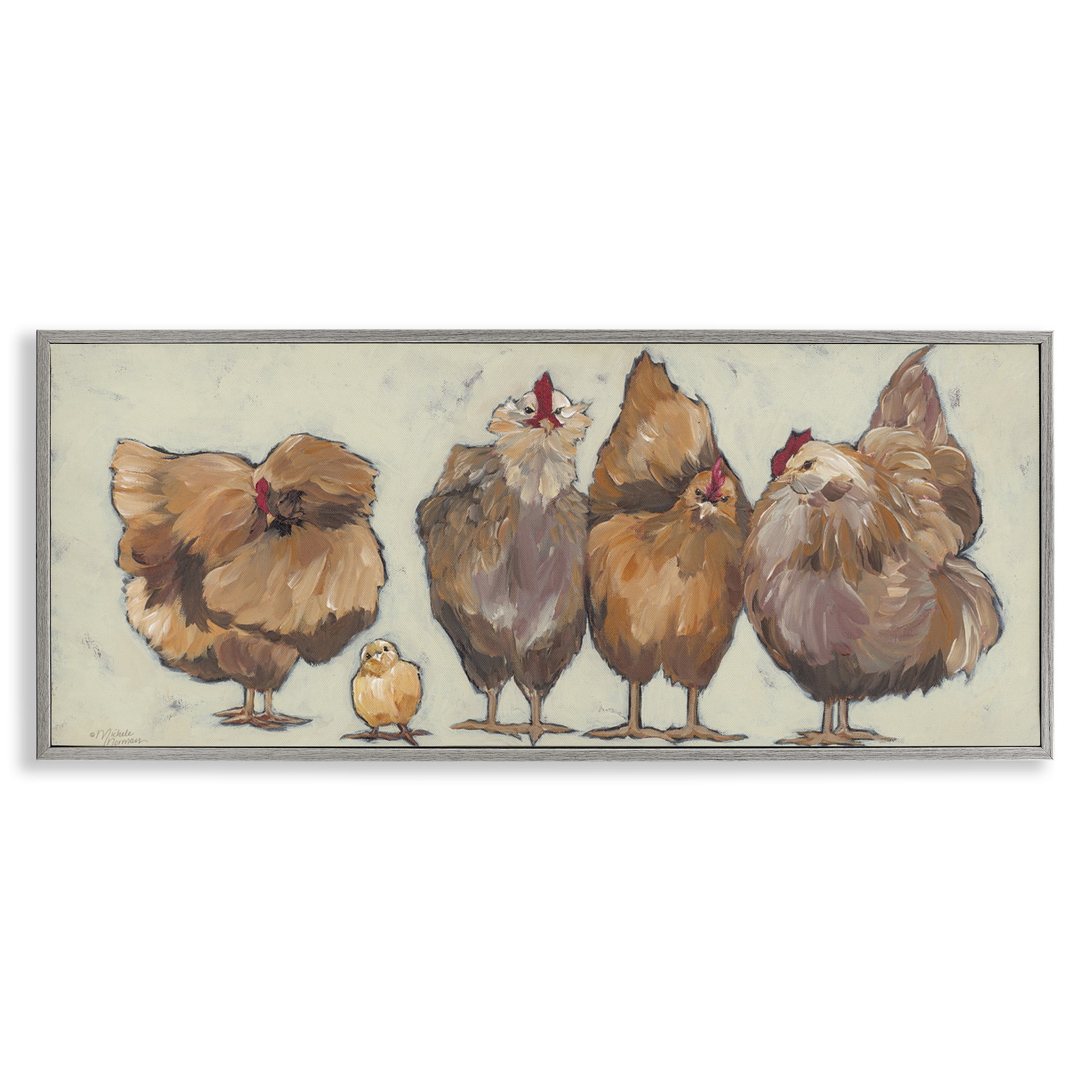 Stupell Industries Brown Hens and Chick Animals & Insects Painting Gray Framed Art Print Wall Art, 24 x 10
