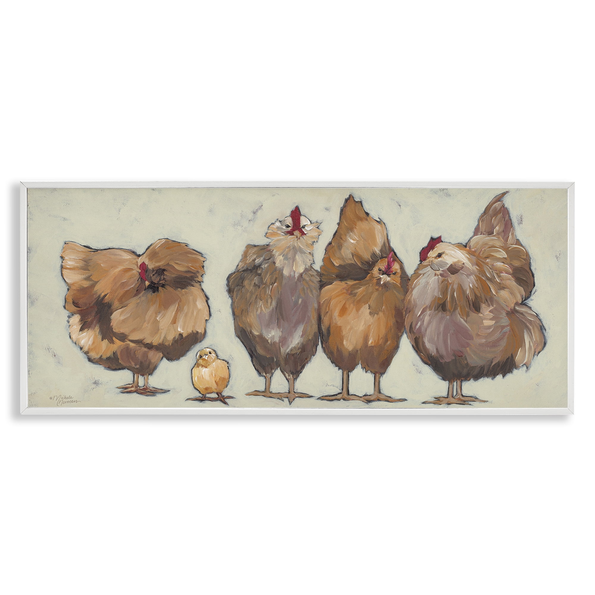 Stupell Industries Brown Hens and Chick Animals & Insects Painting White Framed Art Print Wall Art, 24 x 10