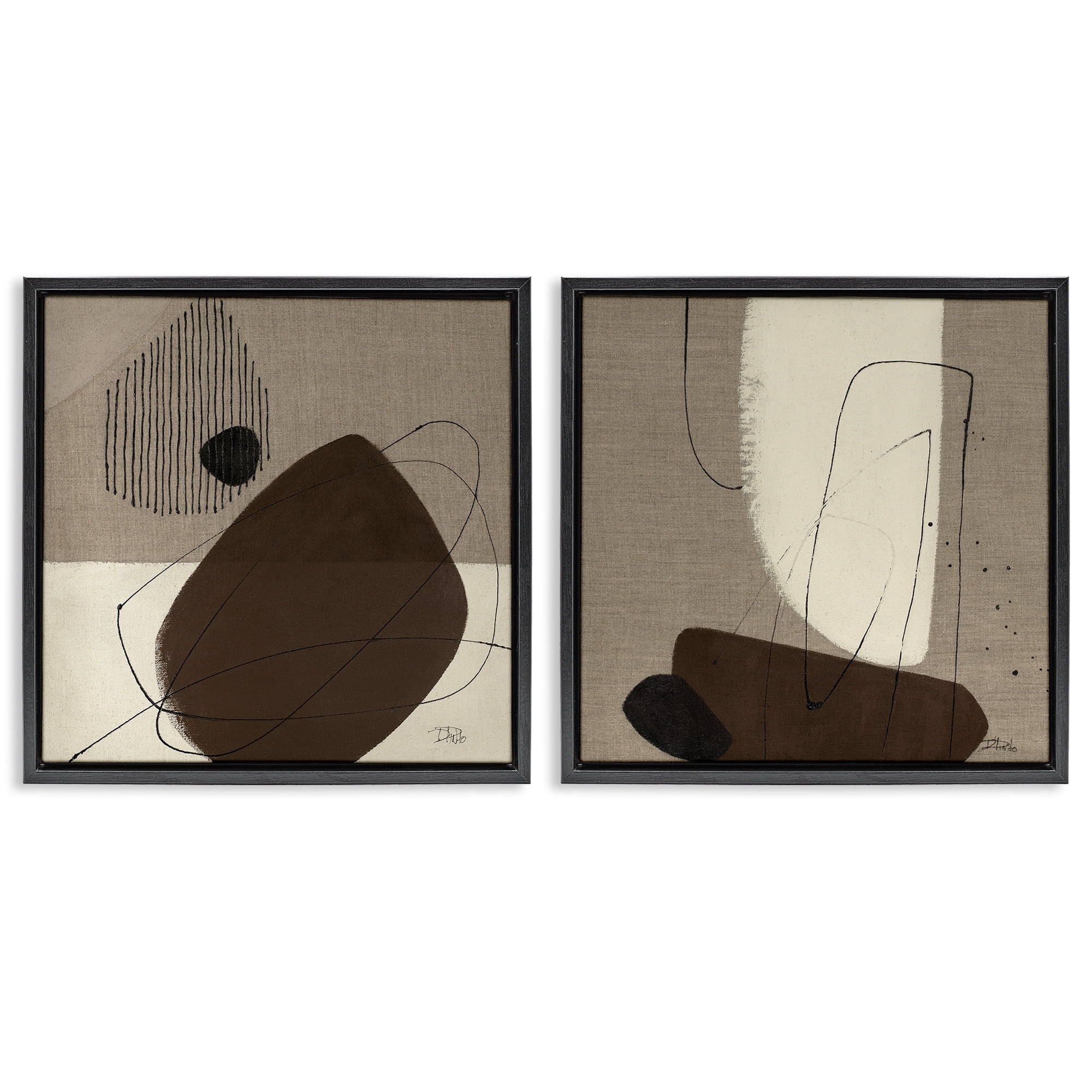 Stupell Industries Brown Hidden Lines Abstract Painting Black Floater Framed Canvas Art Print Wall Art, 25 x 25, Set of 2