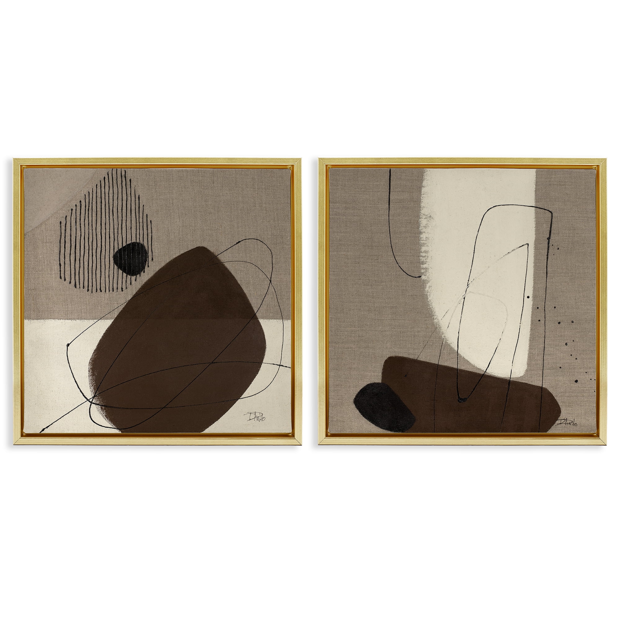 Stupell Industries Brown Hidden Lines Abstract Painting Gold Floater Framed Canvas Art Print Wall Art, 18 x 18, Set of 2