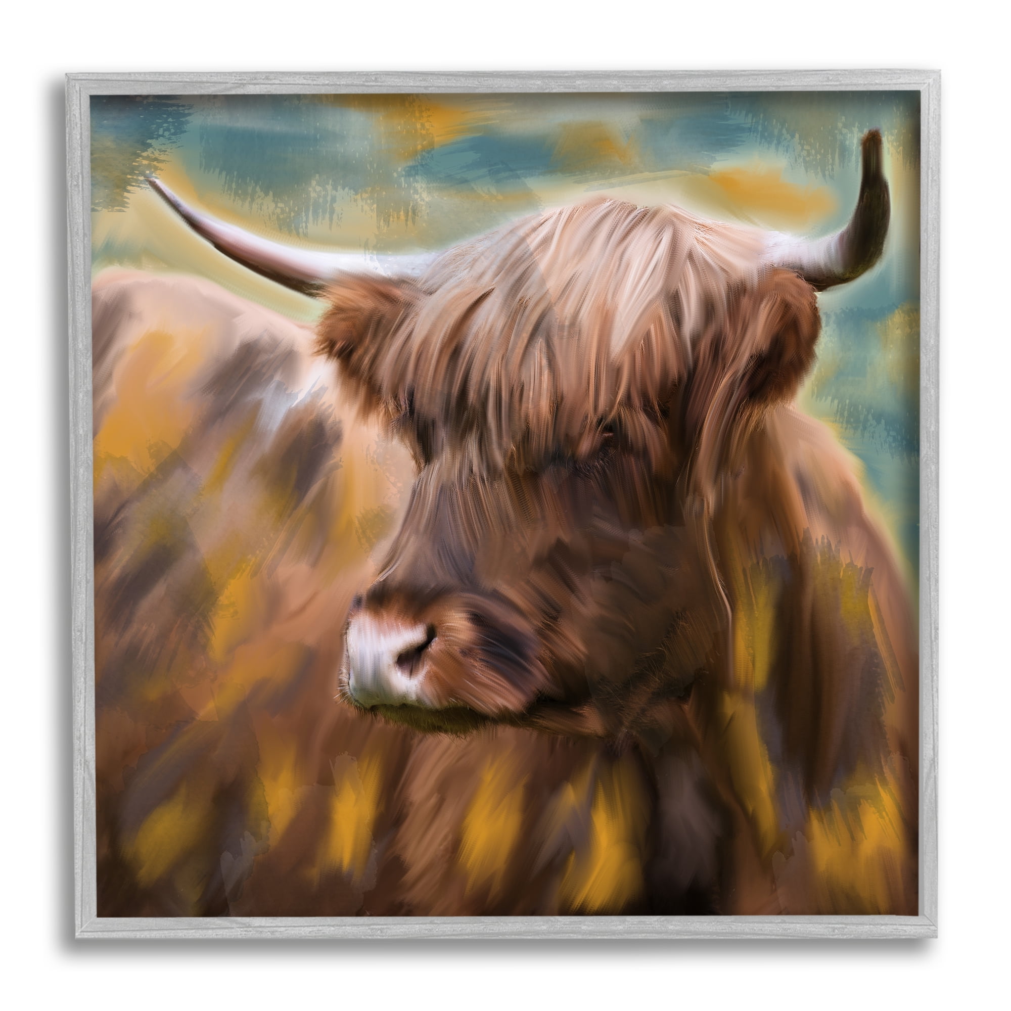 Stupell Industries Brown Highland Cow Animals & Insects Painting Gray Framed Art Print Wall Art, 12 x 12