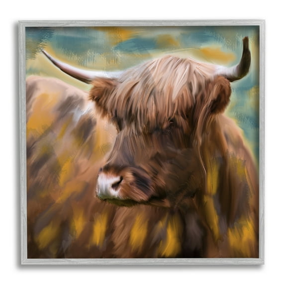 Stupell Industries Brown Highland Cow Animals & Insects Painting Gray Framed Art Print Wall Art, 24 x 24