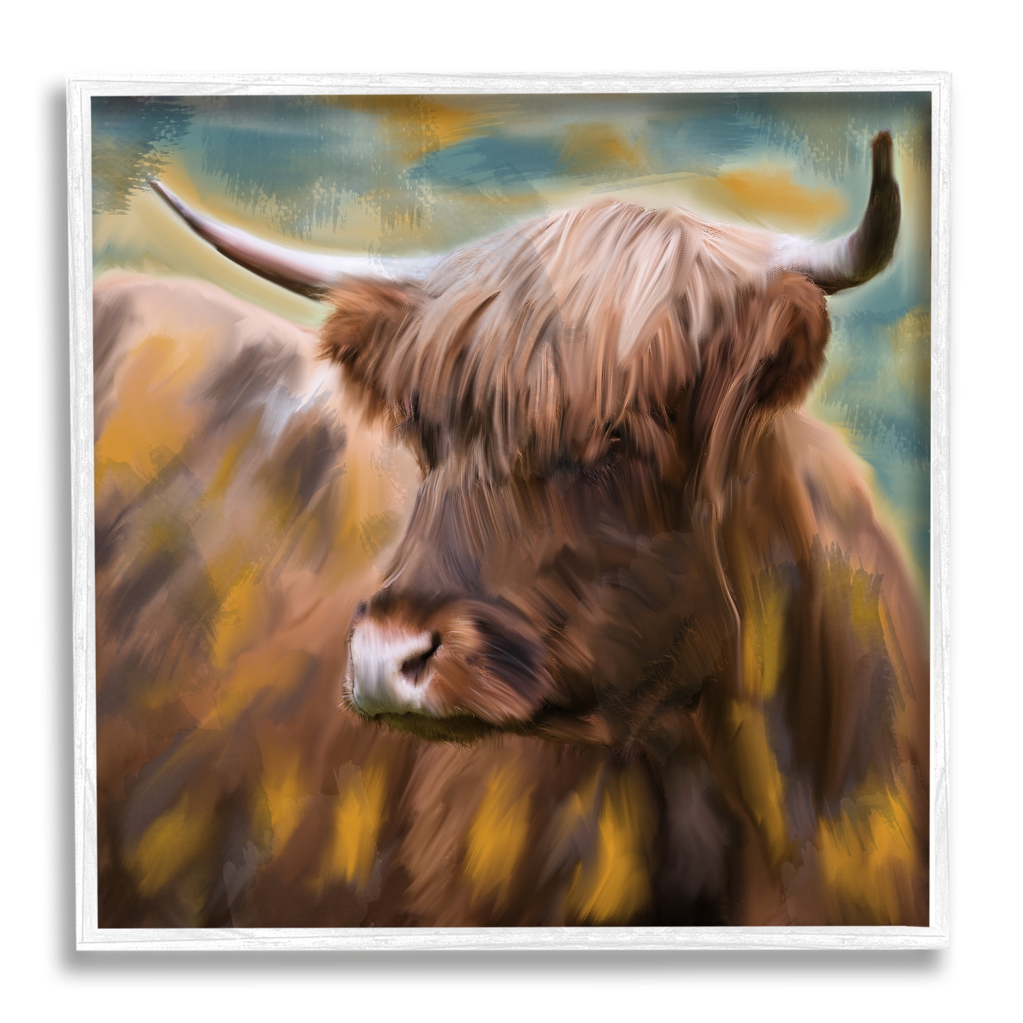 Stupell Industries Brown Highland Cow Animals & Insects Painting White Framed Art Print Wall Art, 24 x 24