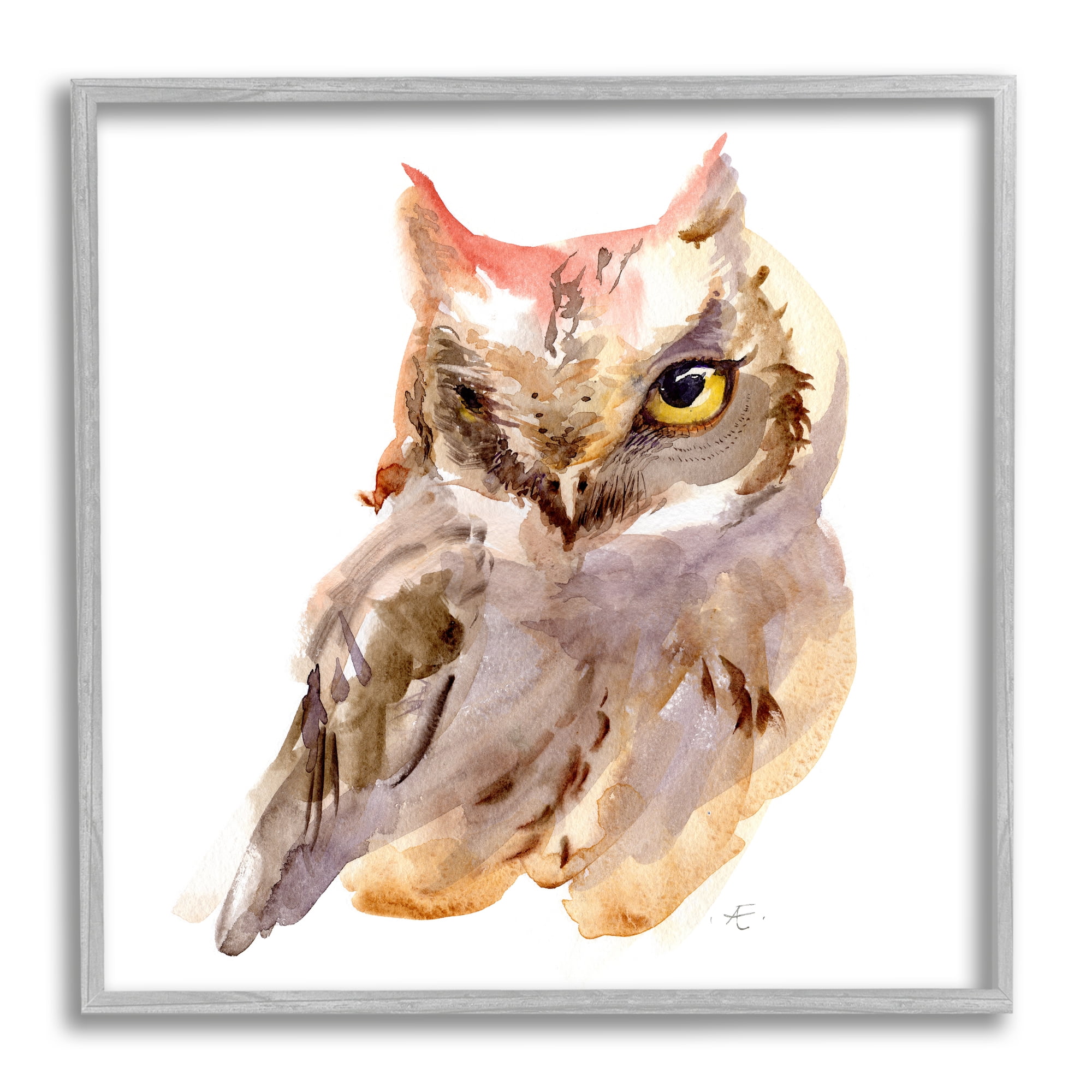 Stupell Industries Brown Horned Owl Eye Wink Minimal Bird Animals & Insects Painting Gray Framed Art Print Wall Art, 12 x 12