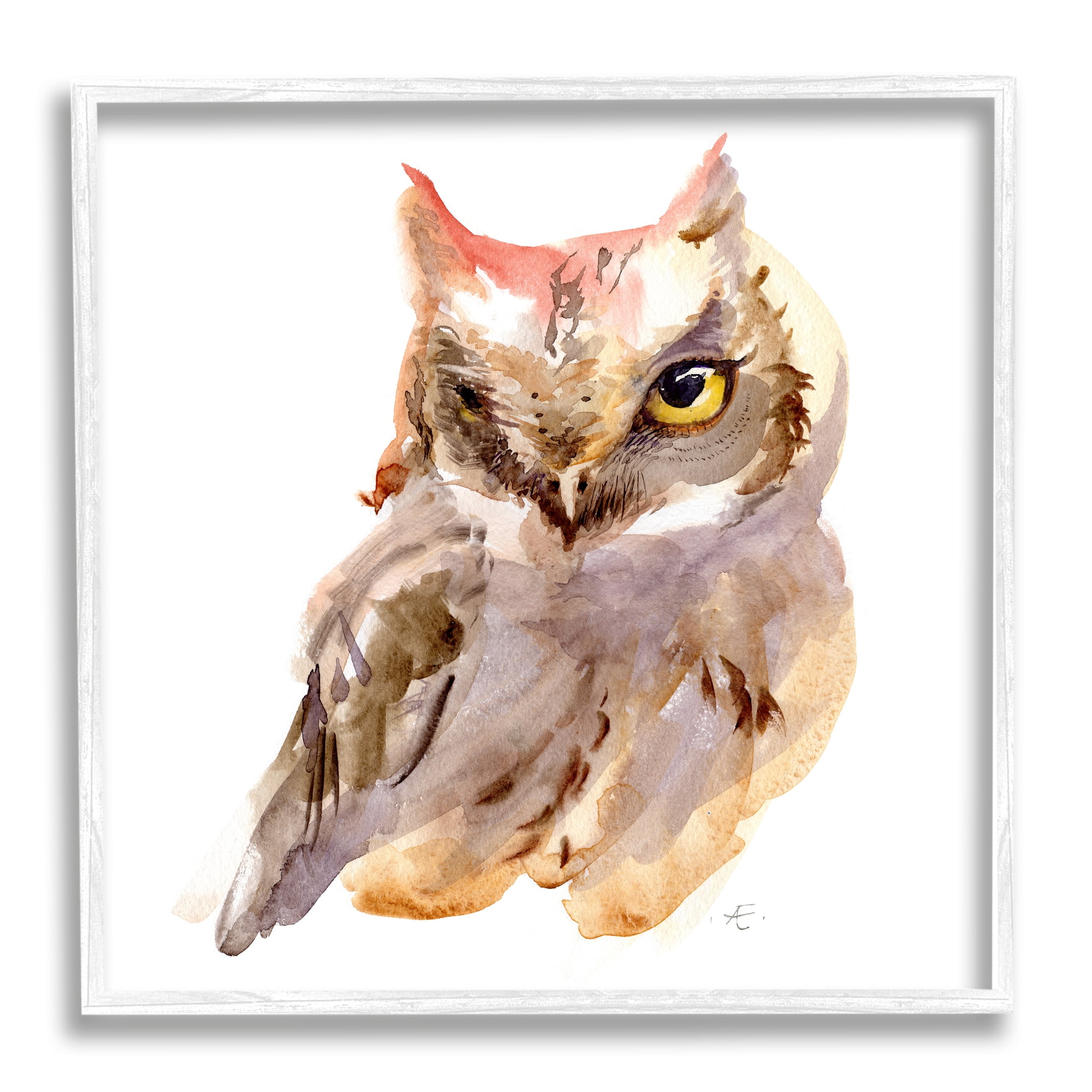 Stupell Industries Brown Horned Owl Eye Wink Minimal Bird Animals & Insects Painting White Framed Art Print Wall Art, 12 x 12