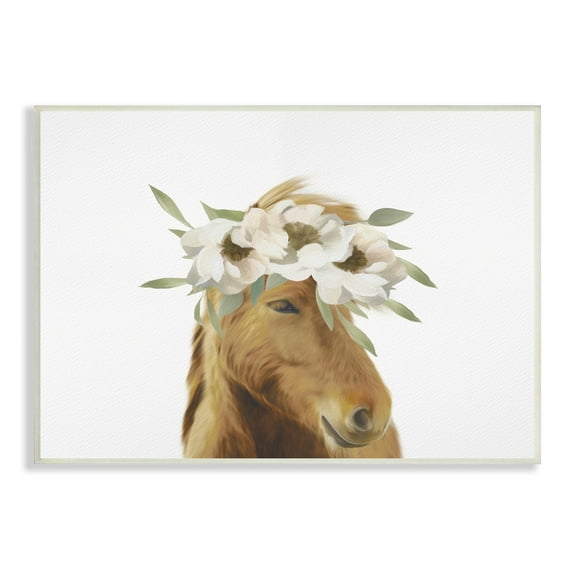 Stupell Industries Brown Horse Minimal Design White Floral Crown , 19 x 13, Design by Leah Straatsma