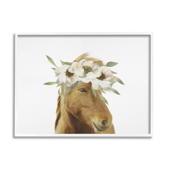 Stupell Industries Brown Horse Minimal Design White Floral Crown , 20 x 16, Design by Leah Straatsma