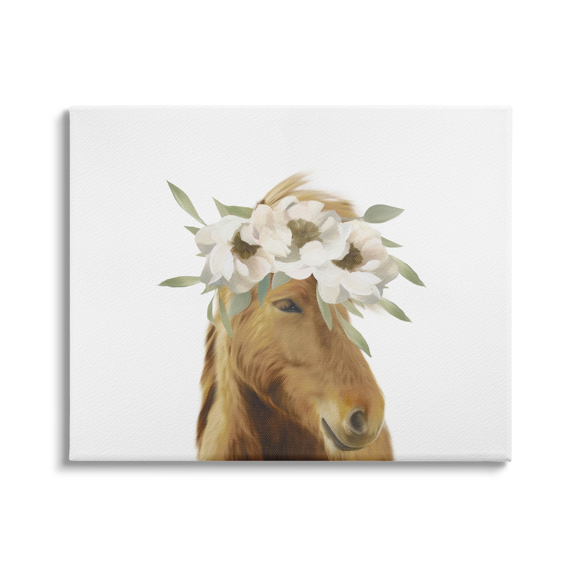 Stupell Industries Brown Horse Minimal Design White Floral Crown , 30 x 24, Design by Leah Straatsma