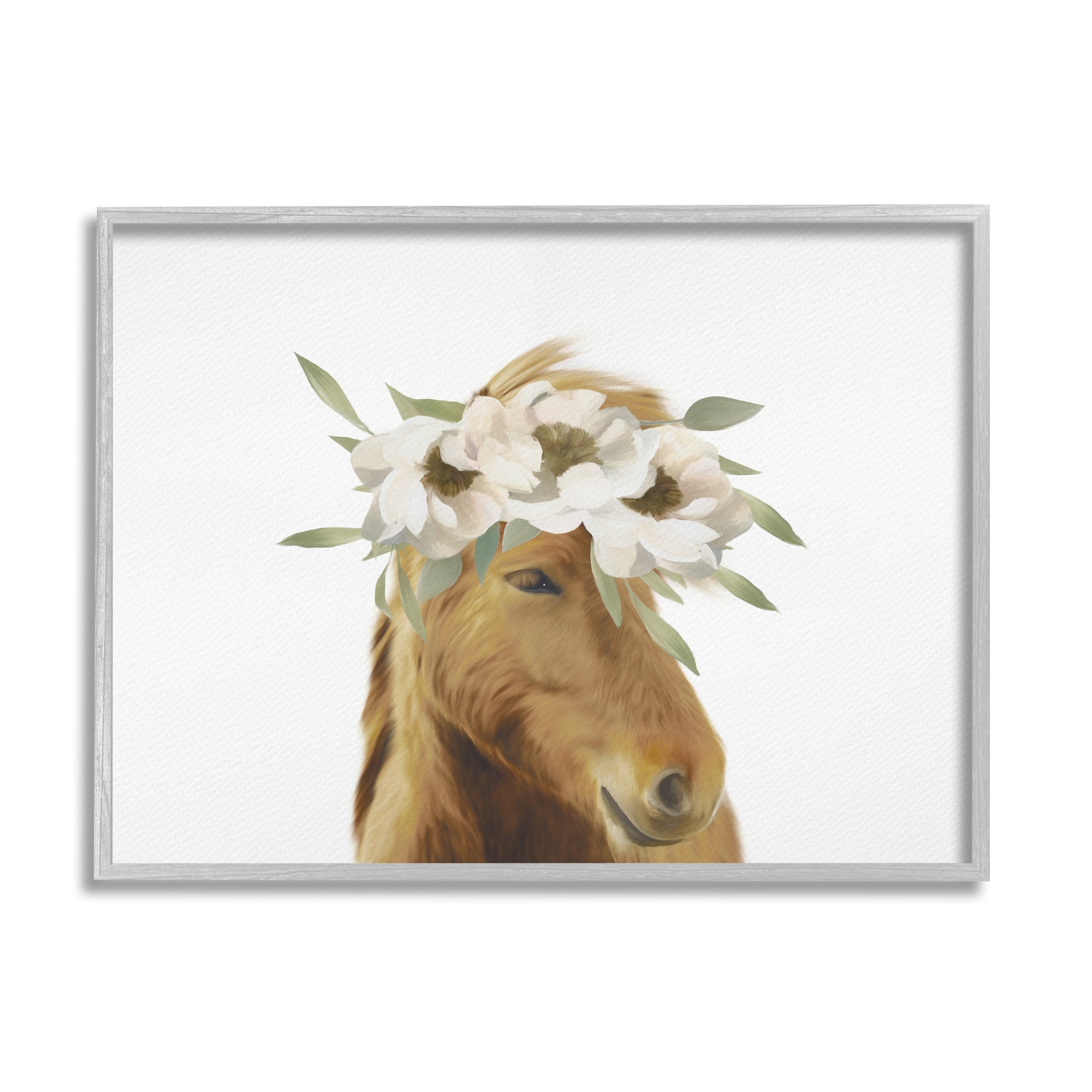 Stupell Industries Brown Horse Minimal Design White Floral Crown , 30 x 24, Design by Leah Straatsma