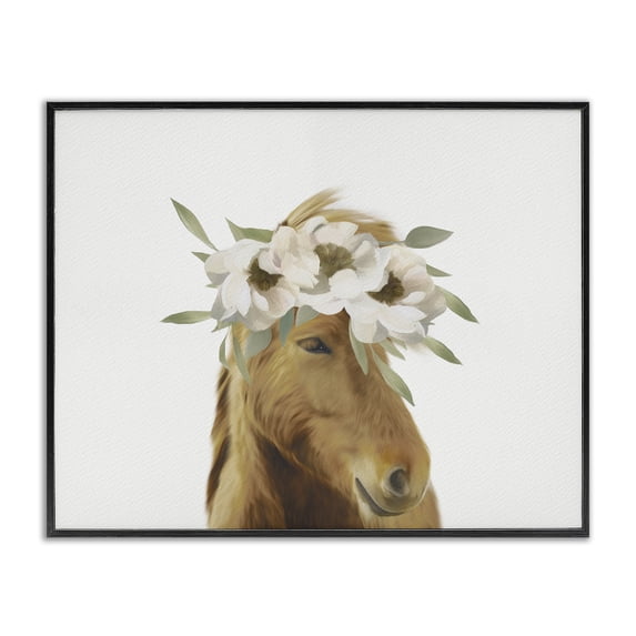 Stupell Industries Farmhouse Brown Horse Minimal Design White Floral Crown Black Framed Giclee Art, 30 x 24, by Leah Straatsma