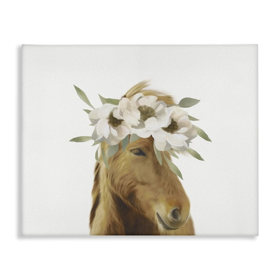 Stupell Industries Farmhouse Brown Horse Minimal Design White Floral Crown Canvas Art, 30 x 24, by Leah Straatsma