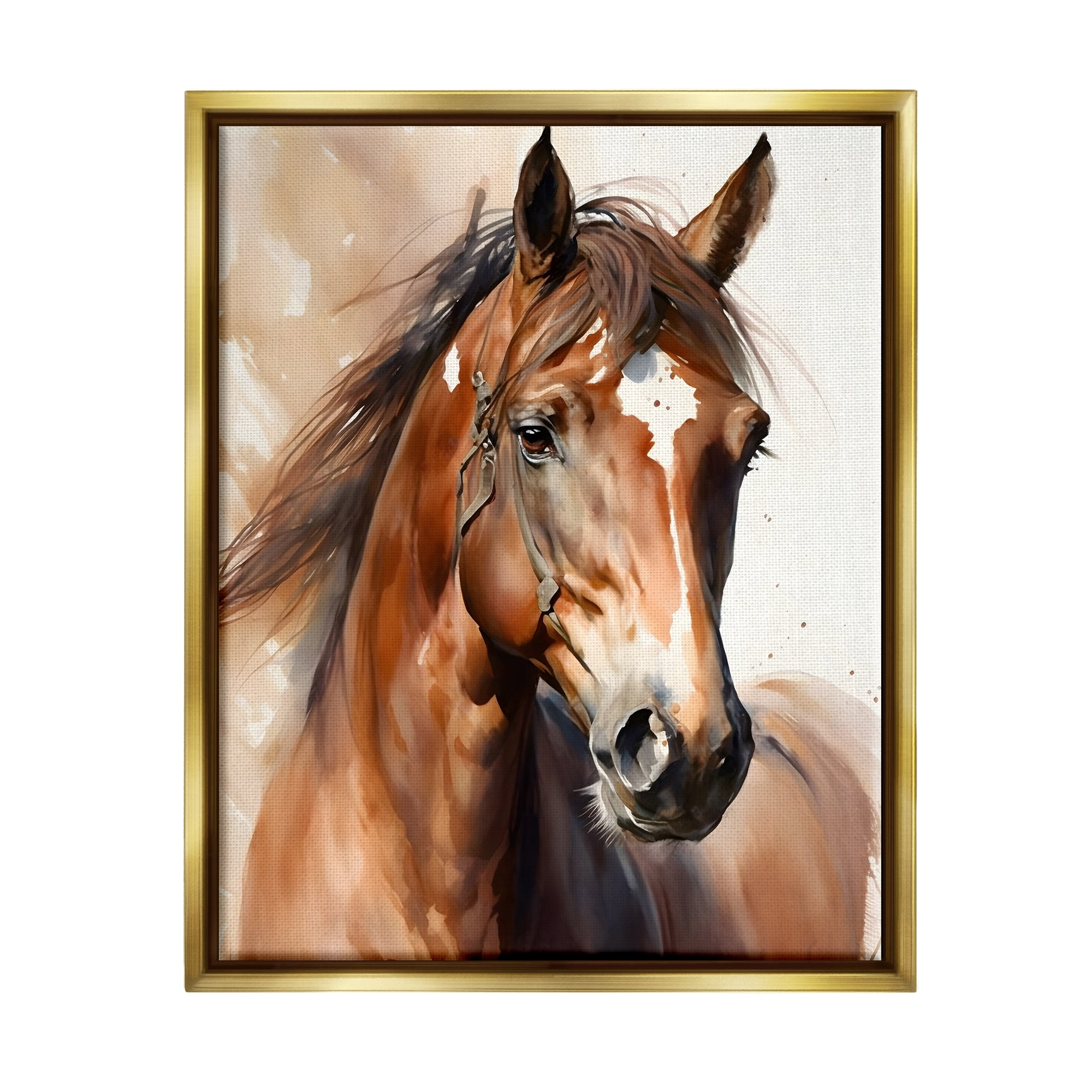 Stupell Industries Brown Horse Painting Animals & Insects Painting Gold Floater Framed Canvas Art Print Wall Art, 17 x 21