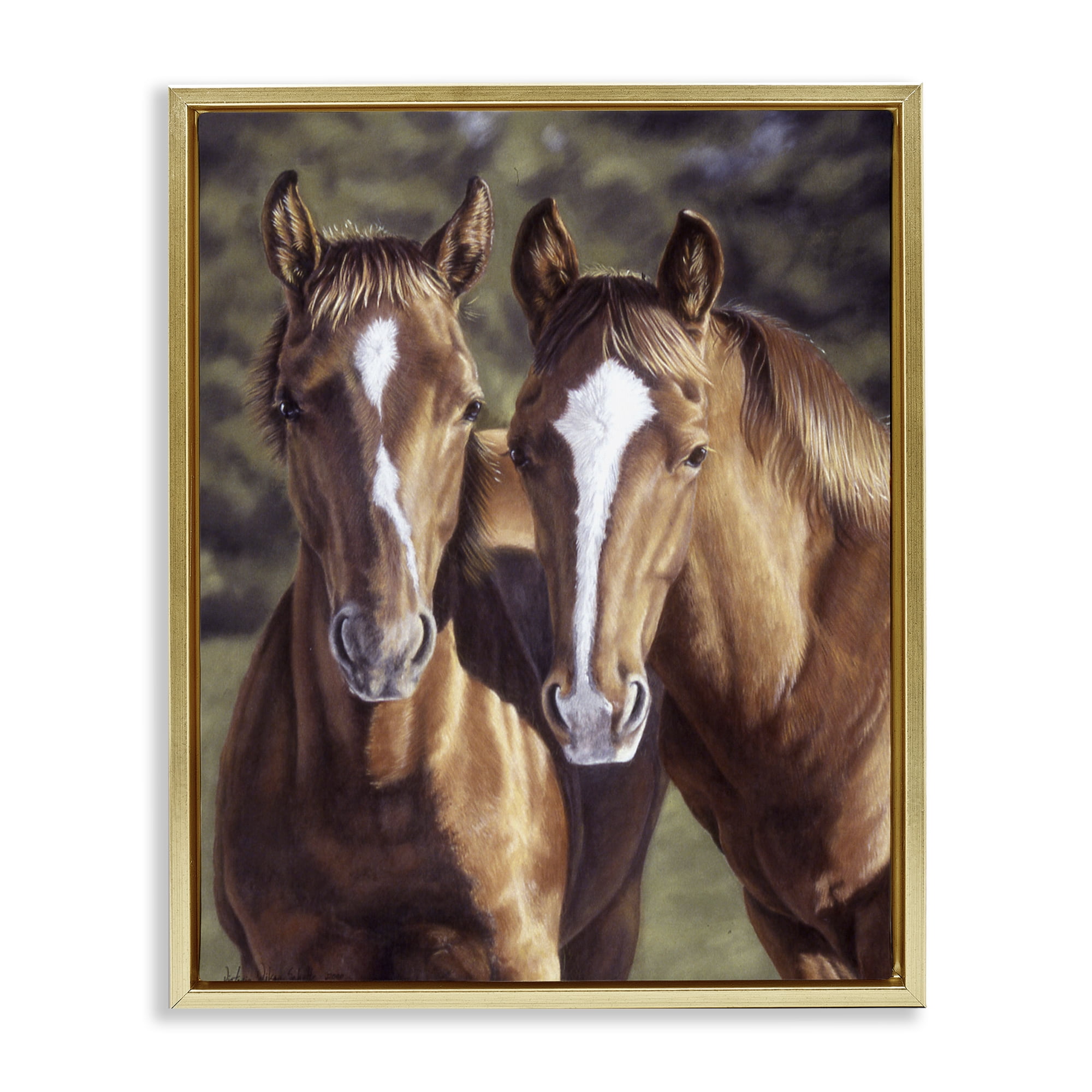 Stupell Industries Brown Horse Pair Animals & Insects Painting Gold Floater Framed Canvas Art Print Wall Art, 25 x 31