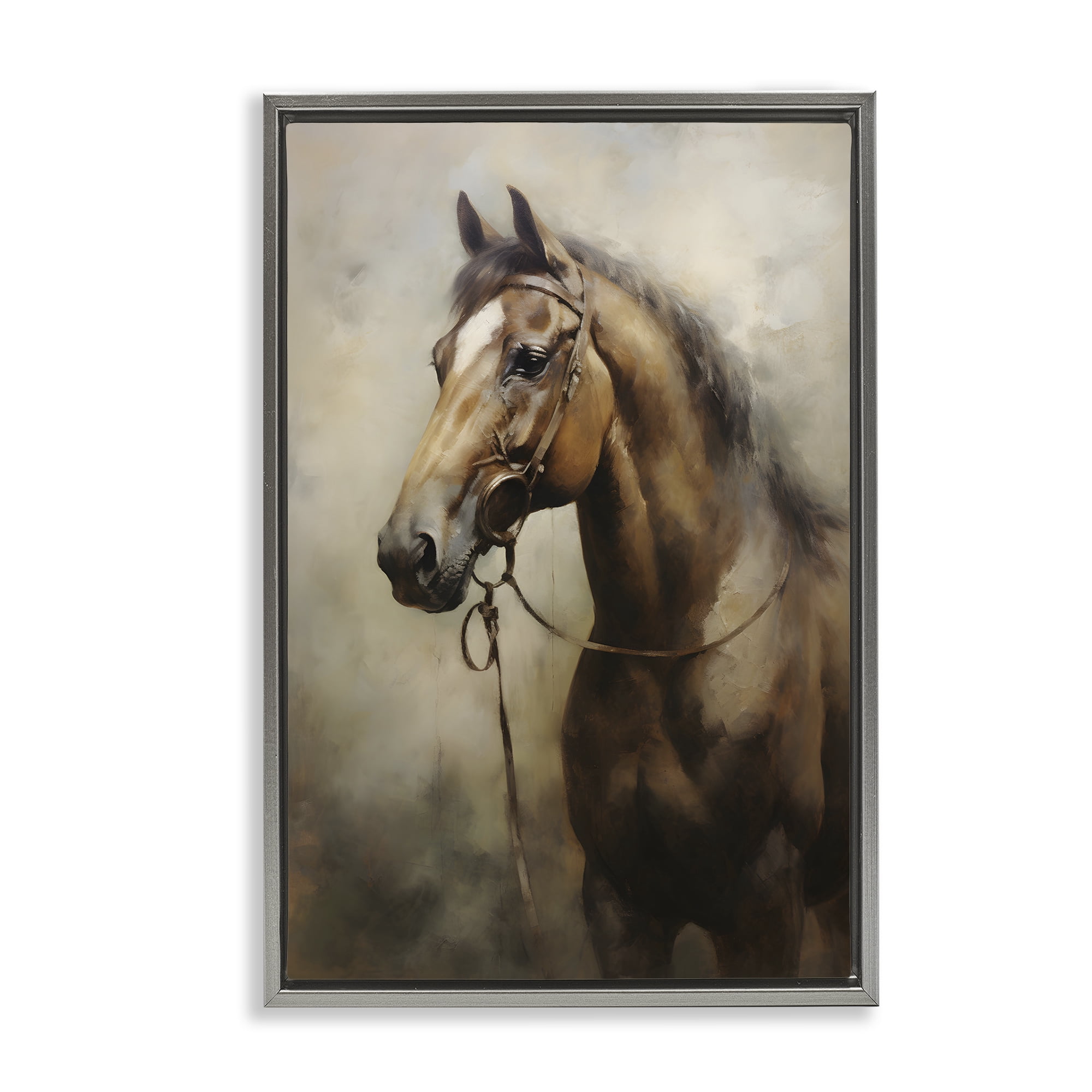 Stupell Industries Brown Horse Portrait Animals & Insects Painting Gray Floater Framed Canvas Art Print Wall Art, 21 x 31