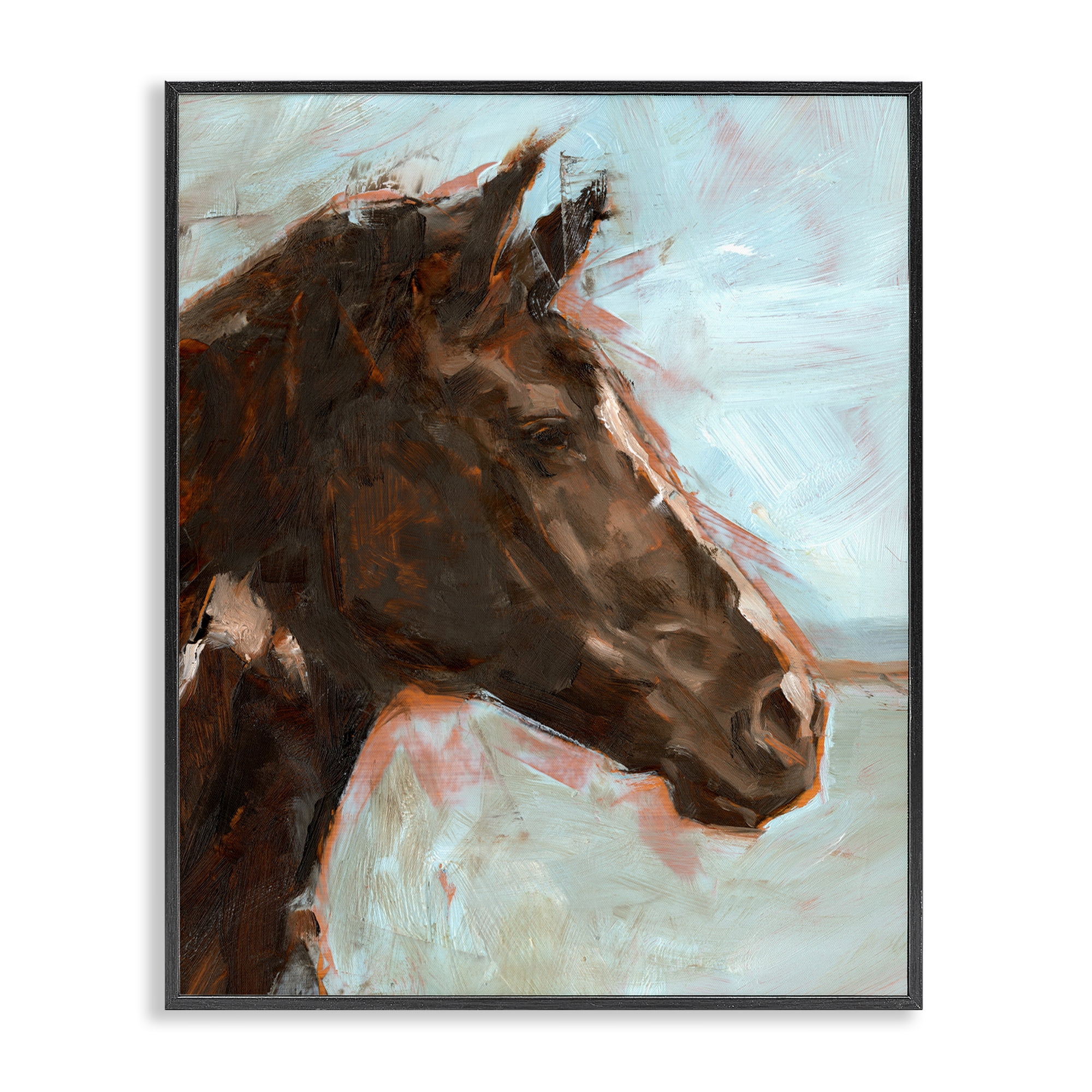 Stupell Industries Brown Horse on Blue Animals Painting Black Framed Art Print Wall Art, 16 x 20