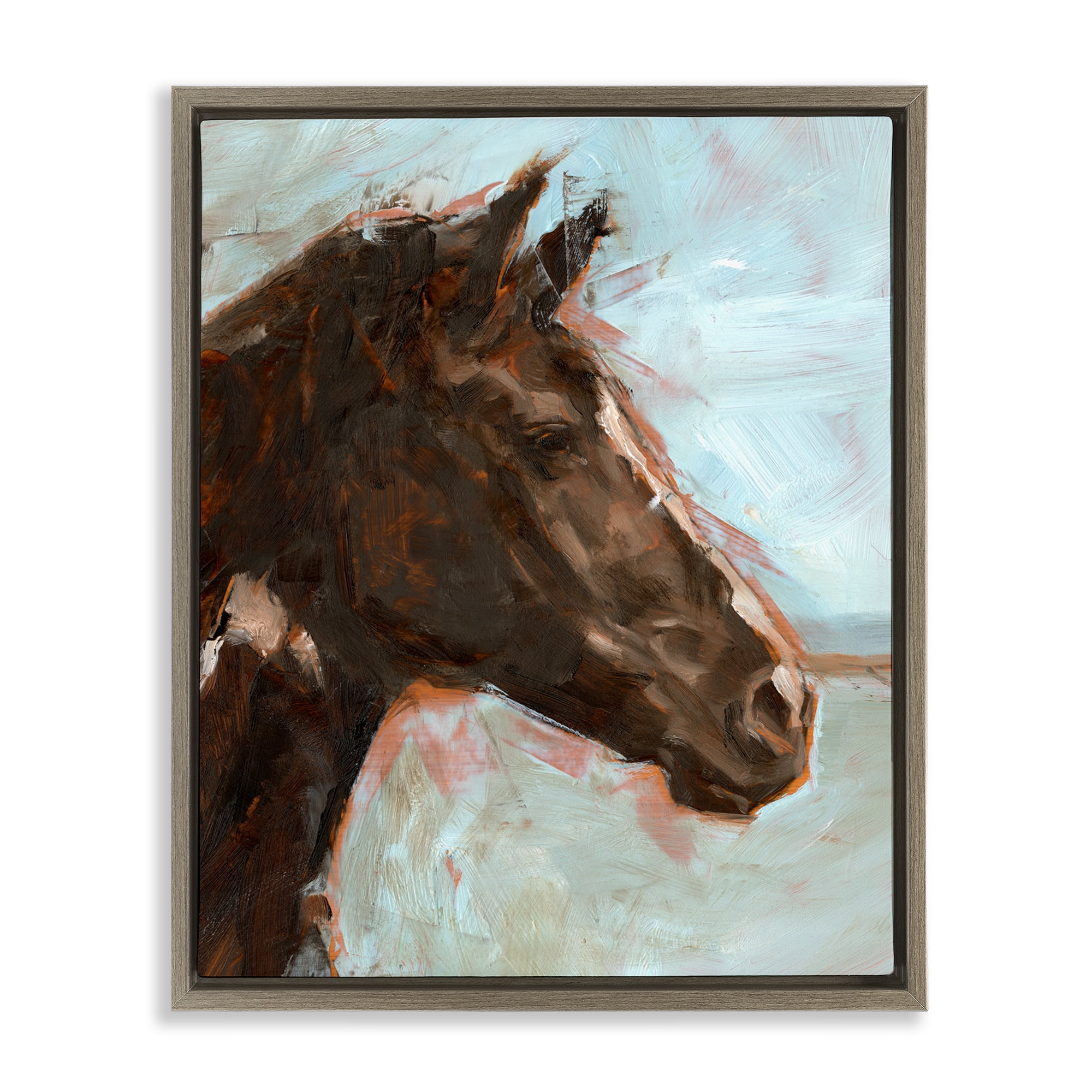 Stupell Industries Brown Horse on Blue Animals Painting Brown Floater Framed Canvas Art Print Wall Art, 25 x 31