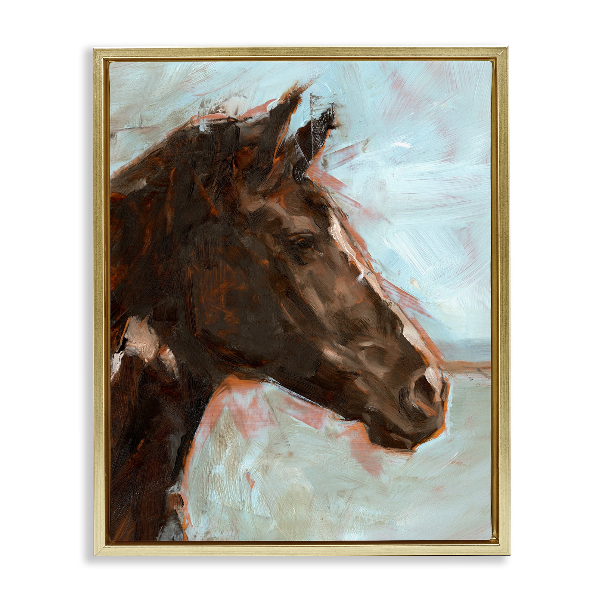 Stupell Industries Brown Horse on Blue Animals Painting Gold Floater Framed Canvas Art Print Wall Art, 25 x 31