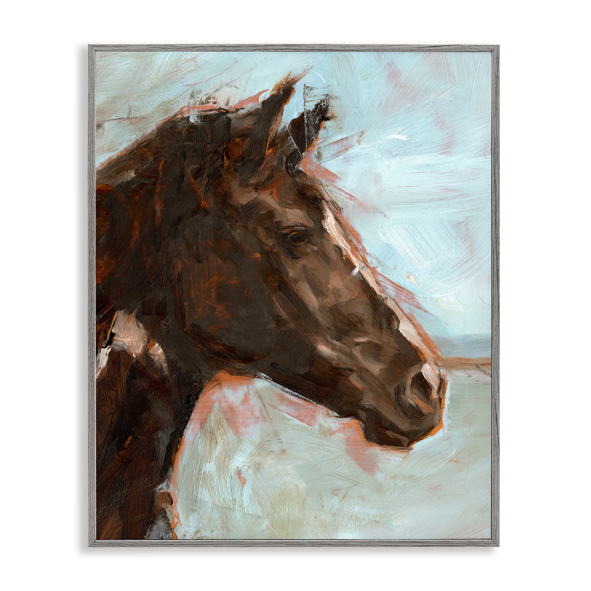 Stupell Industries Brown Horse on Blue Animals Painting Gray Framed Art Print Wall Art, 16 x 20