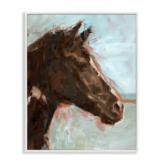 Stupell Industries Brown Horse on Blue Animals Painting White Framed Art Print Wall Art, 11 x 14