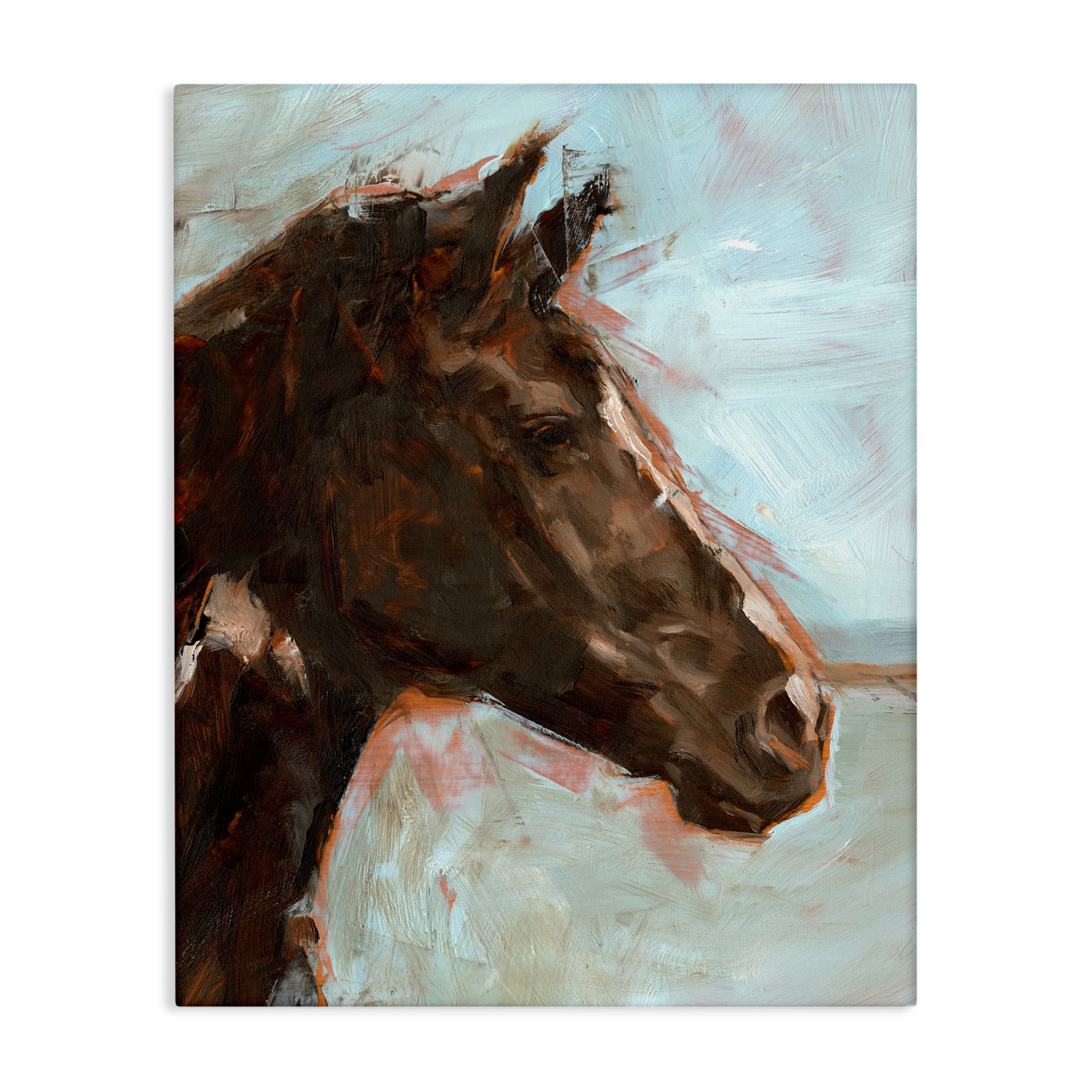 Stupell Industries Brown Horse on Blue Animals Painting Wrapped Canvas Art Print Wall Art, 16 x 20