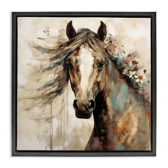 Stupell Industries Brown Horse with Florals Animals & Insects Painting Black Floater Framed Canvas Art Print Wall Art, 18 x 18