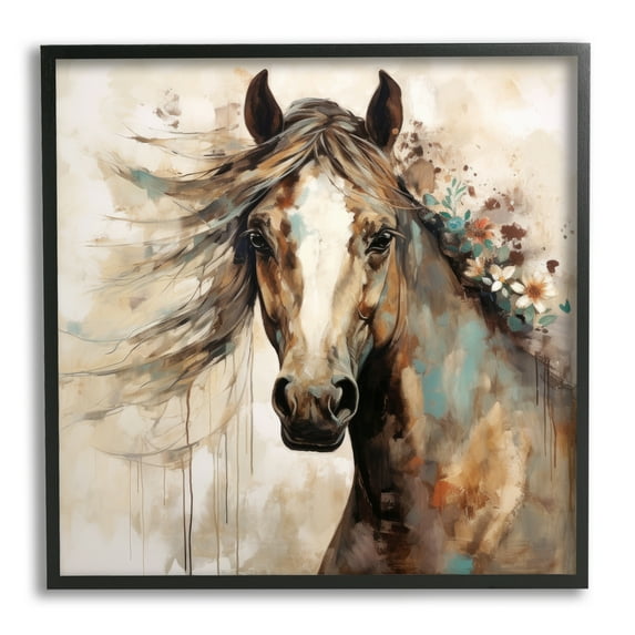 Stupell Industries Brown Horse with Florals Animals & Insects Painting Black Framed Art Print Wall Art, 17 x 17