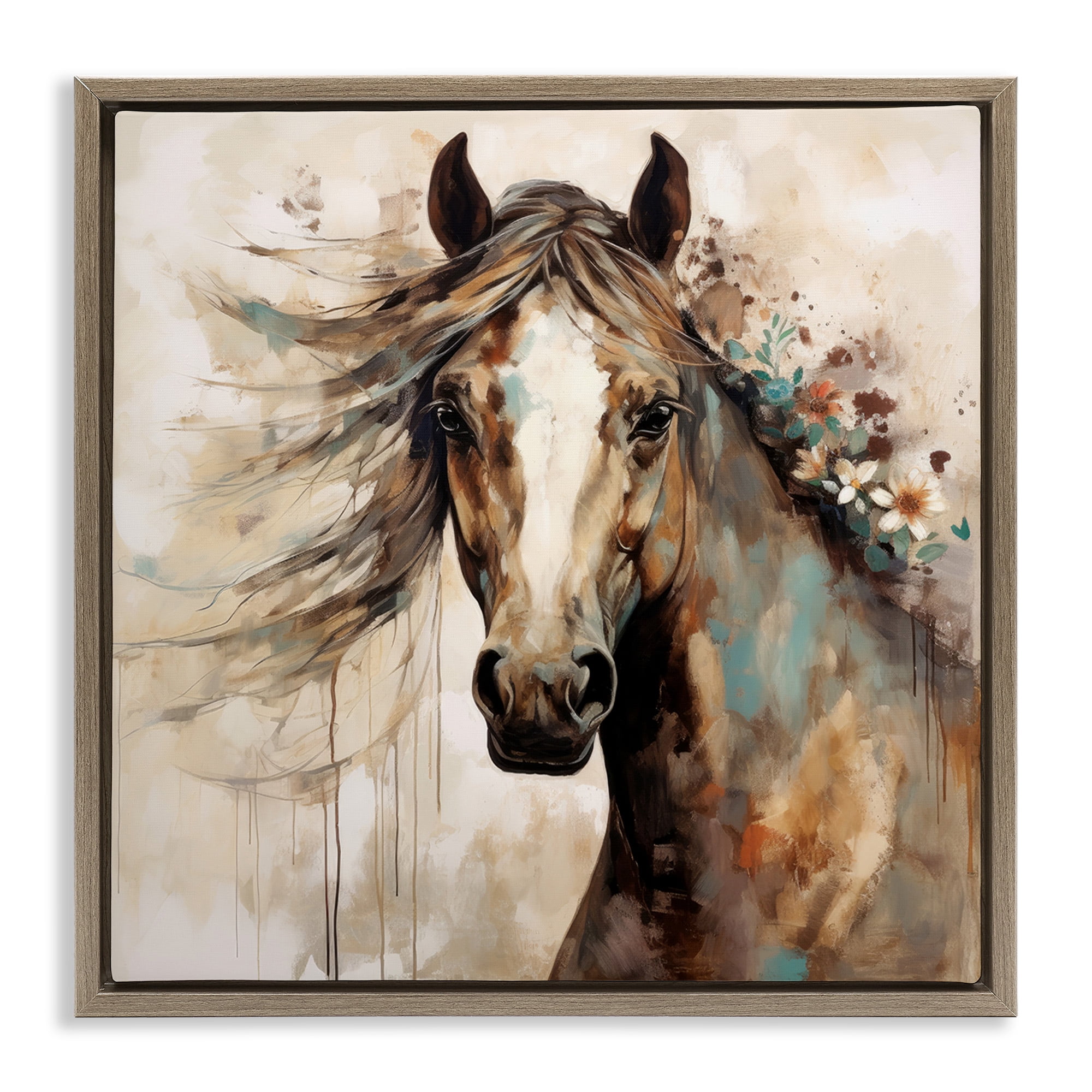 Stupell Industries Brown Horse with Florals Animals & Insects Painting Brown Floater Framed Canvas Art Print Wall Art, 25 x 25