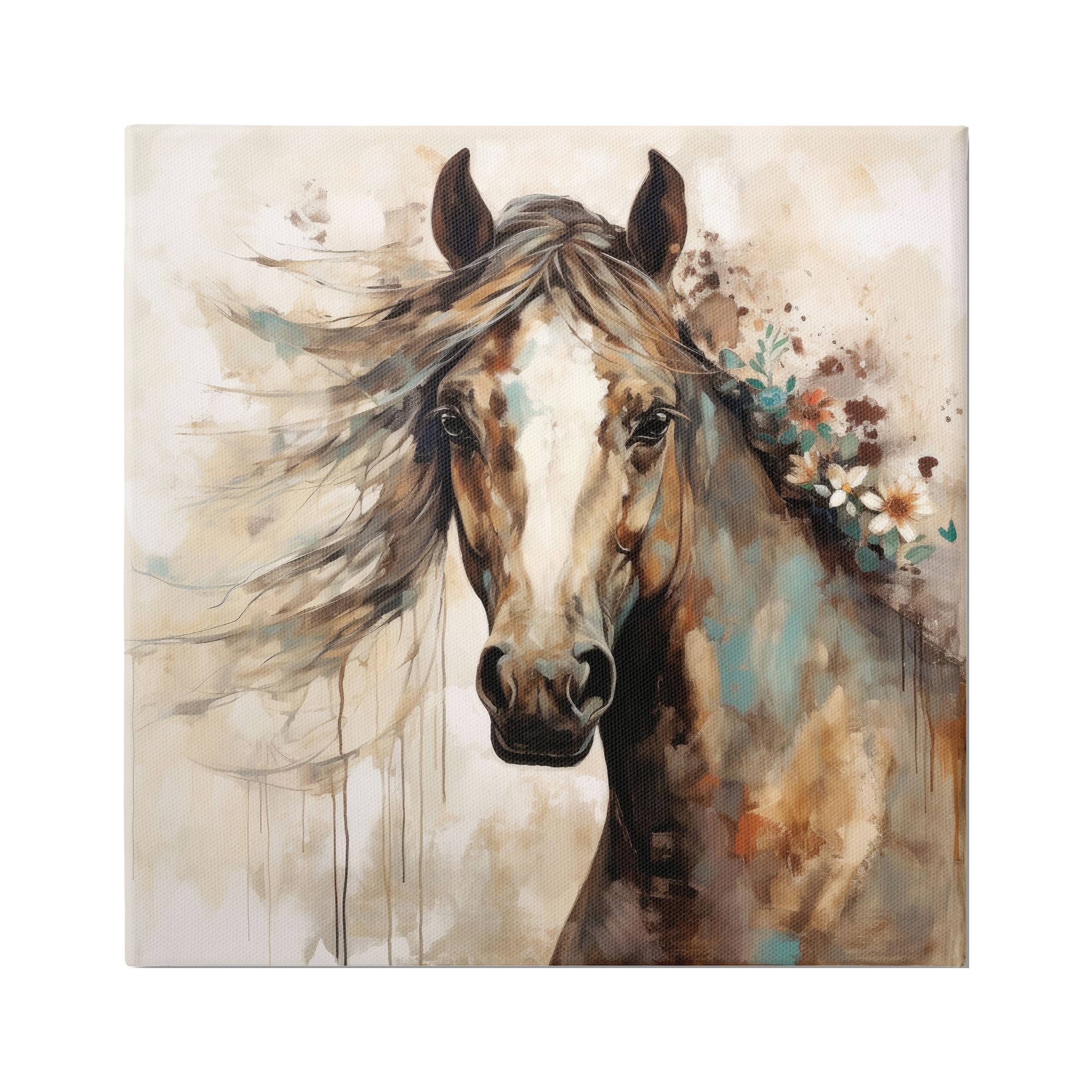 Stupell Industries Brown Horse with Florals Animals & Insects Painting Gallery Wrapped Canvas Art Print Wall Art, 30 x 30