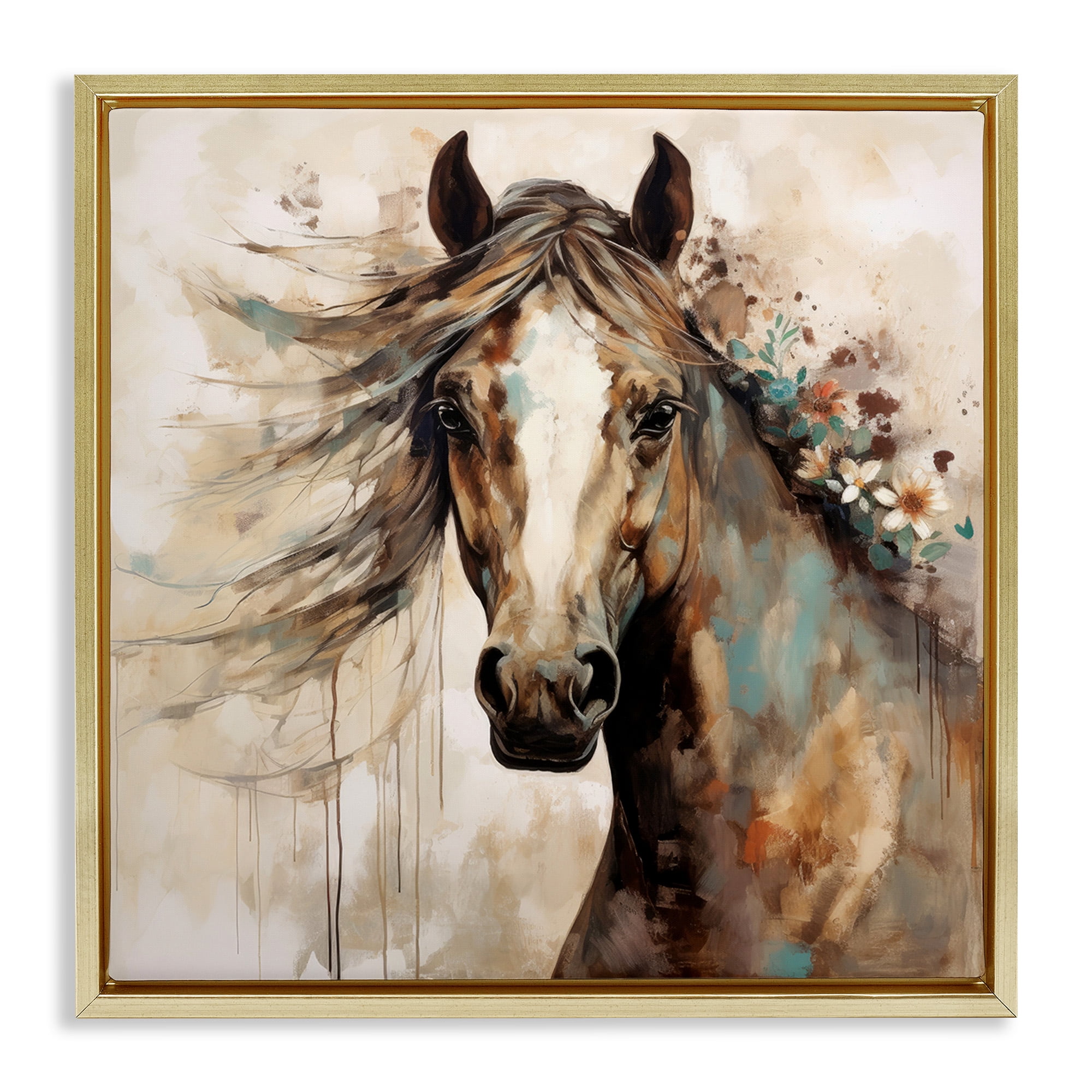 Stupell Industries Brown Horse with Florals Animals & Insects Painting Gold Floater Framed Canvas Art Print Wall Art, 25 x 25