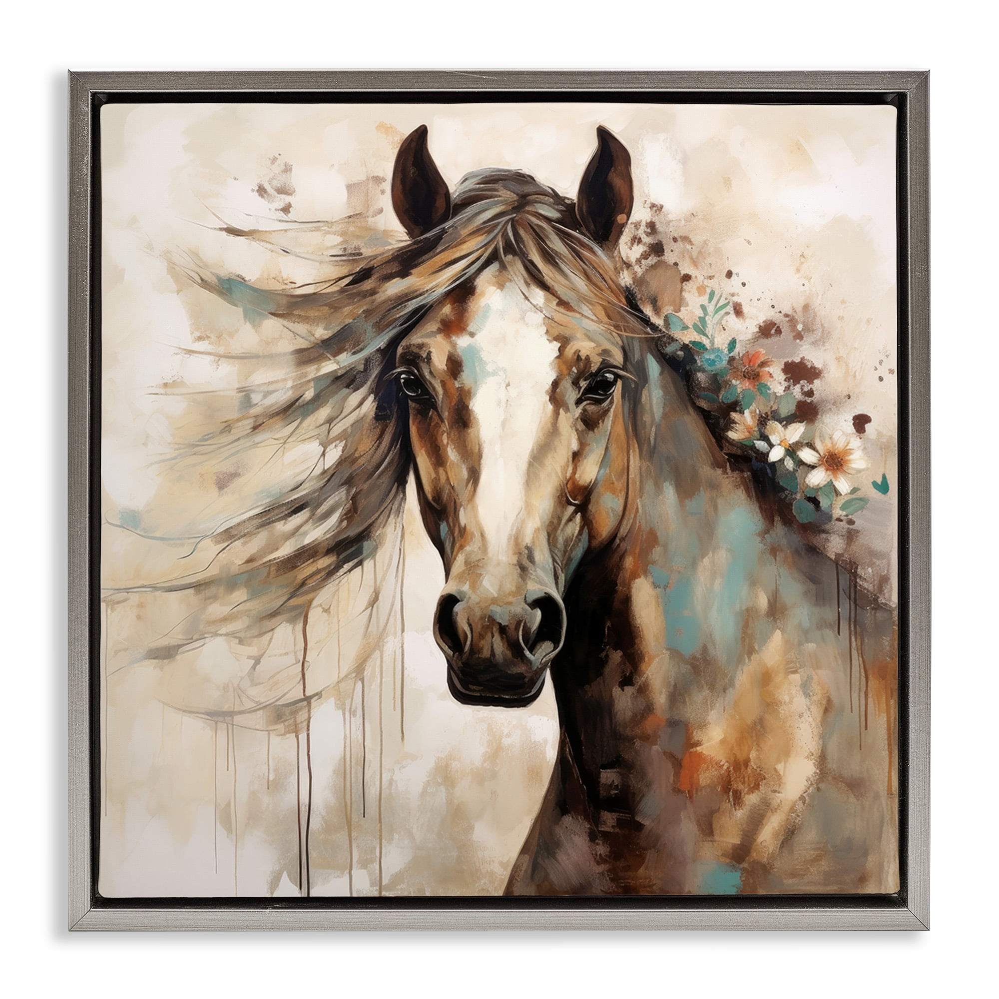 Stupell Industries Brown Horse with Florals Animals & Insects Painting Gray Floater Framed Canvas Art Print Wall Art, 25 x 25
