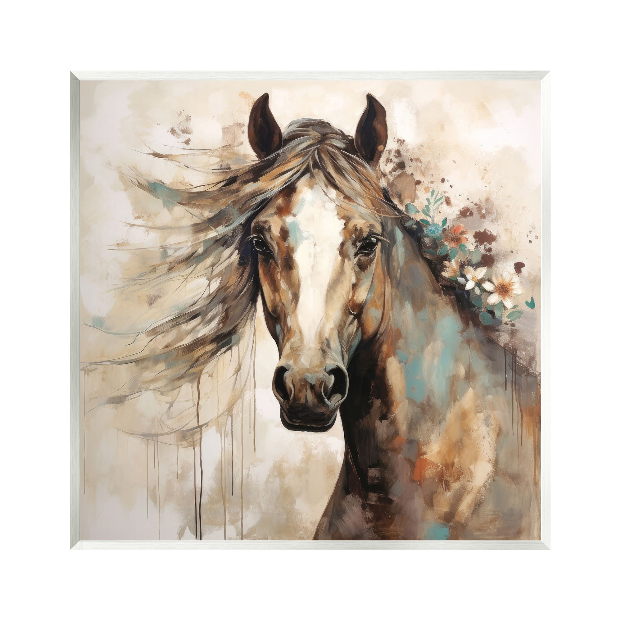 Stupell Industries Brown Horse with Florals Animals & Insects Painting Unframed Art Print Wall Art, 12 x 12