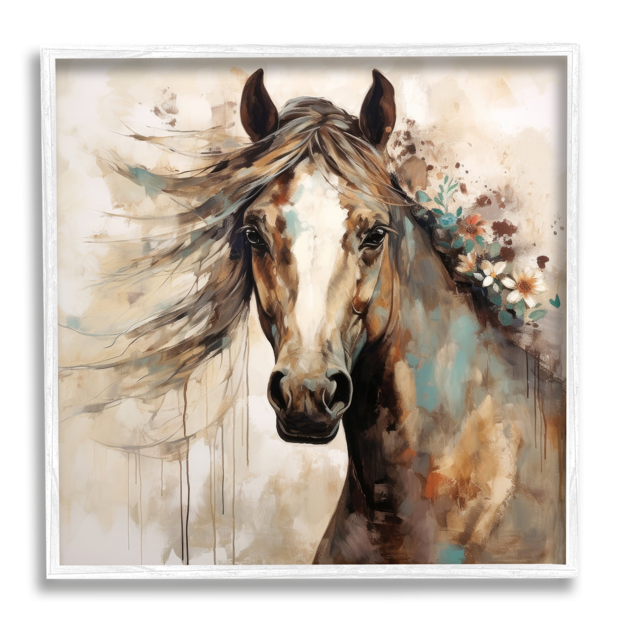 Stupell Industries Brown Horse with Florals Animals & Insects Painting White Framed Art Print Wall Art, 12 x 12