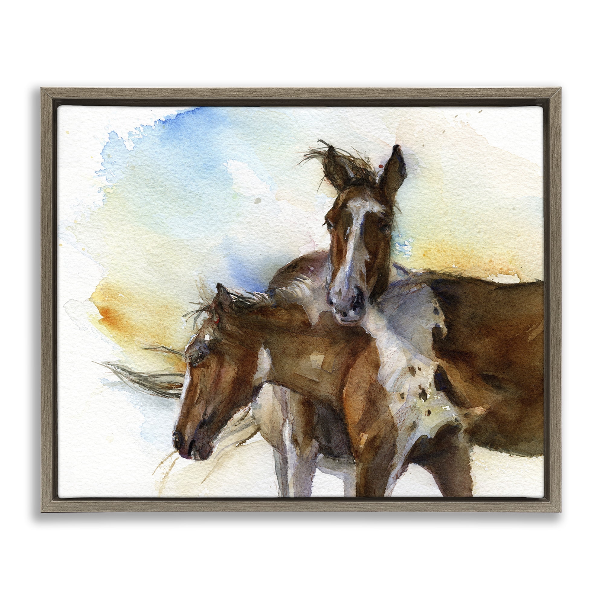 Stupell Industries Brown Horses Watercolor Animals & Insects Painting Brown Floater Framed Canvas Art Print Wall Art, 31 x 25