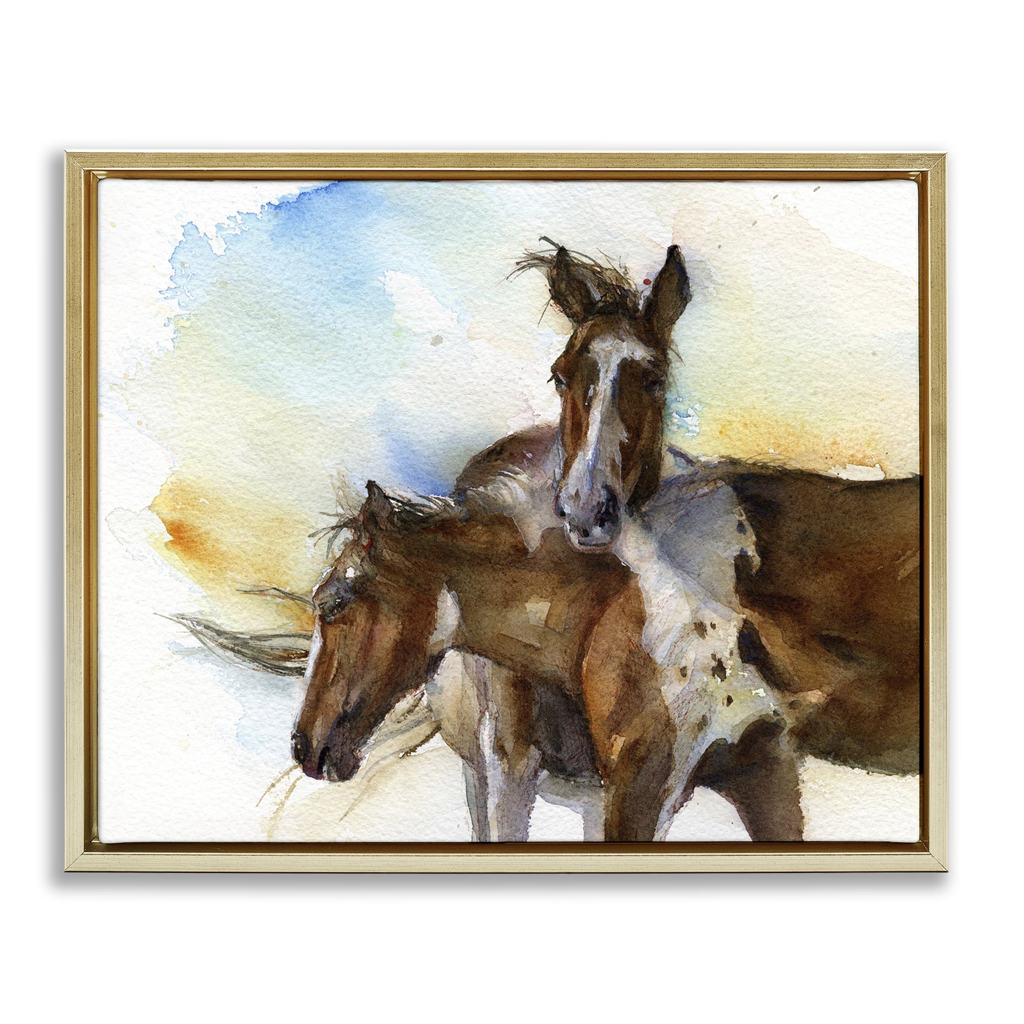 Stupell Industries Brown Horses Watercolor Animals & Insects Painting Gold Floater Framed Canvas Art Print Wall Art, 21 x 17