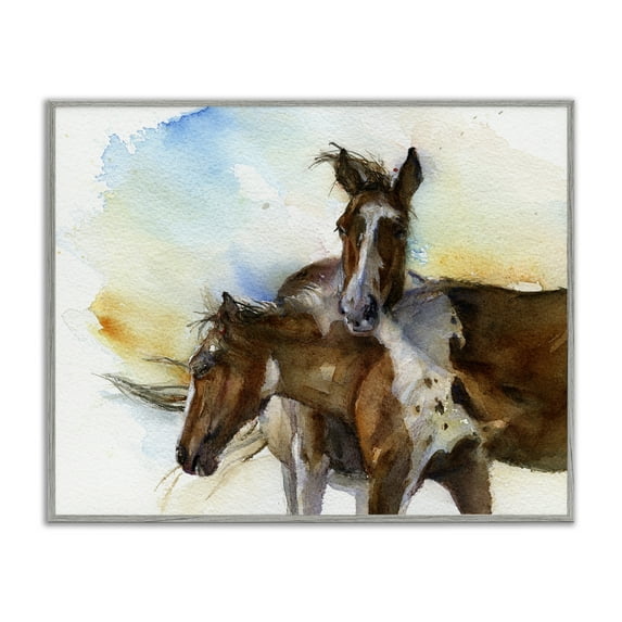 Stupell Industries Brown Horses Watercolor Animals & Insects Painting Gray Framed Art Print Wall Art, 14 x 11