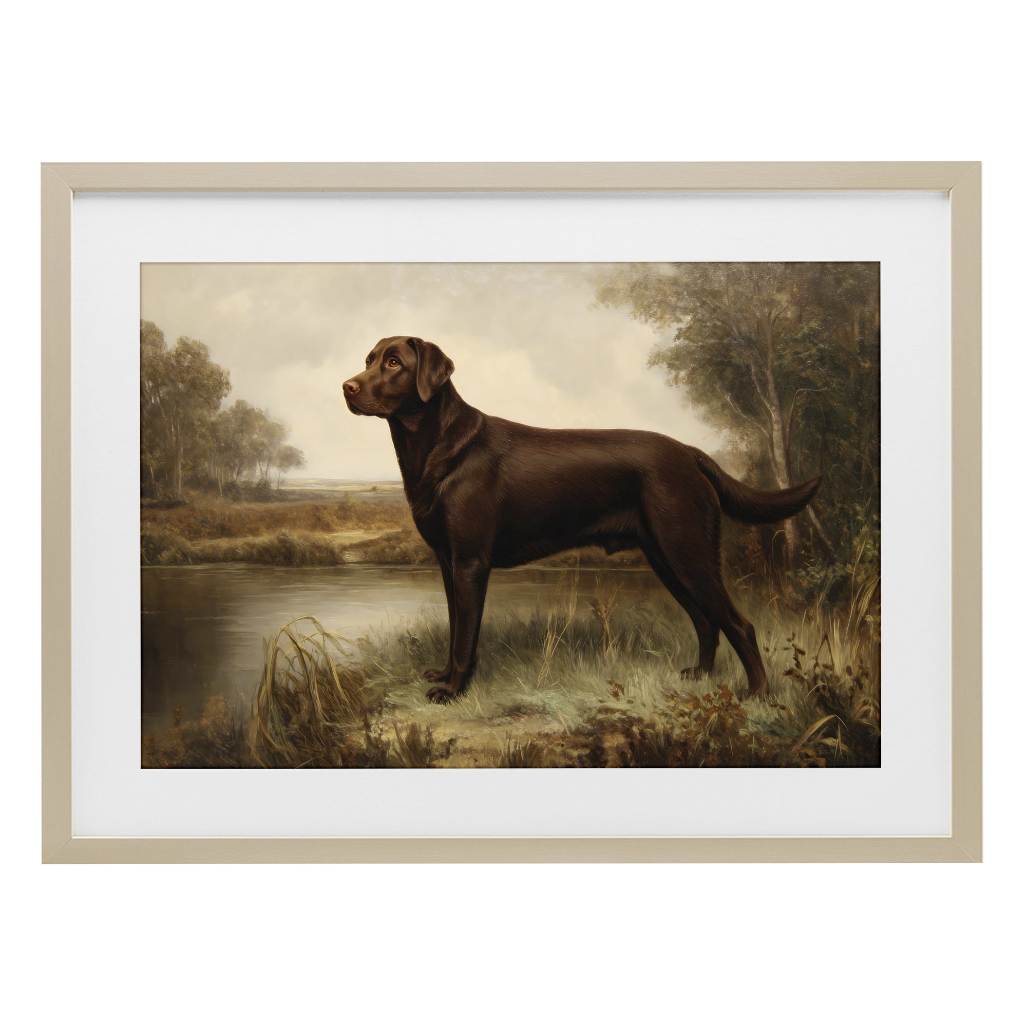 Stupell Industries Brown Lab By The River Birch Framed Print Under Glass, design by Petal Prints Design