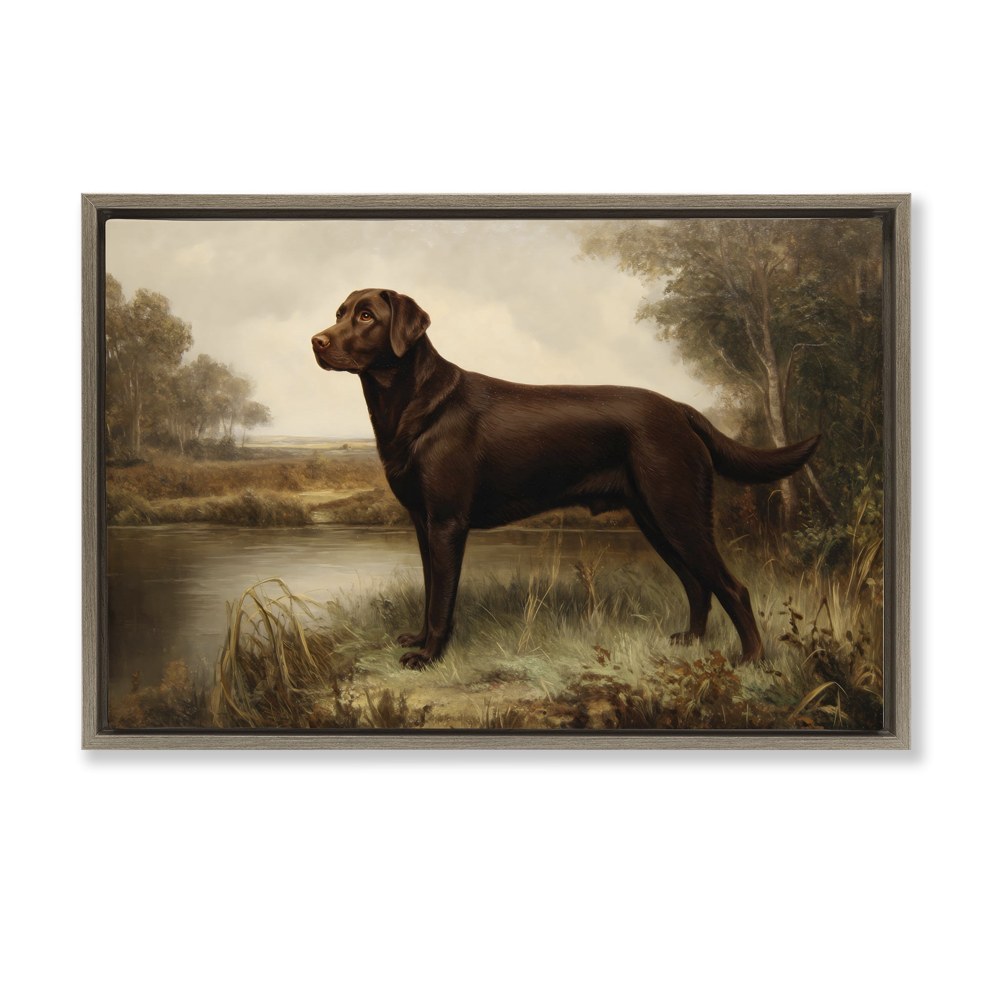 Stupell Industries Brown Lab By The River Brown Framed Floater Canvas Wall Art, design by Petal Prints Design